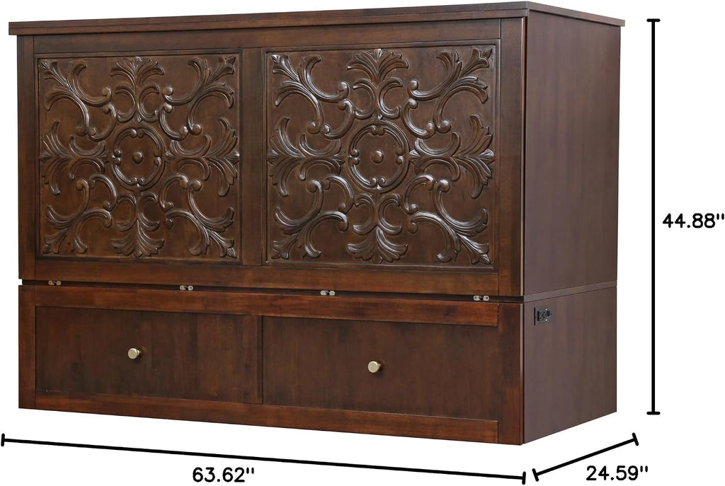 Mega Solutions Notturno Murphy Cabinet Bed Queen 8 inch Save Space in Style with Elegant Chestnut Wood Finish Charging Station - Guest Room or Small Apartment Must-Have