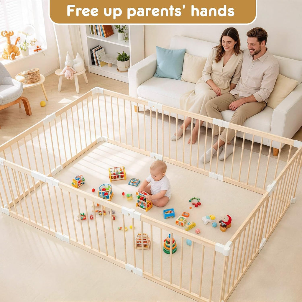 Baby Playpen, Foldable Wooden Play Yard with Gate | Adjustable Activity Center, Child Proof Lock, Expandable, 56x83x24 inch,For Babies 6 to 36 months