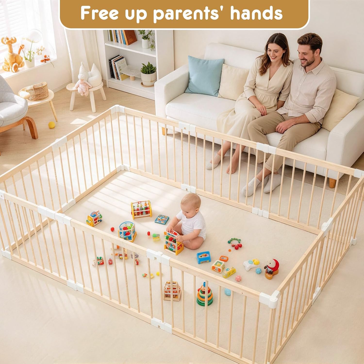 Baby Playpen, Foldable Wooden Play Yard with Gate | Adjustable Activity Center, Child Proof Lock, Expandable, 56x83x24 inch,For Babies 6 to 36 months