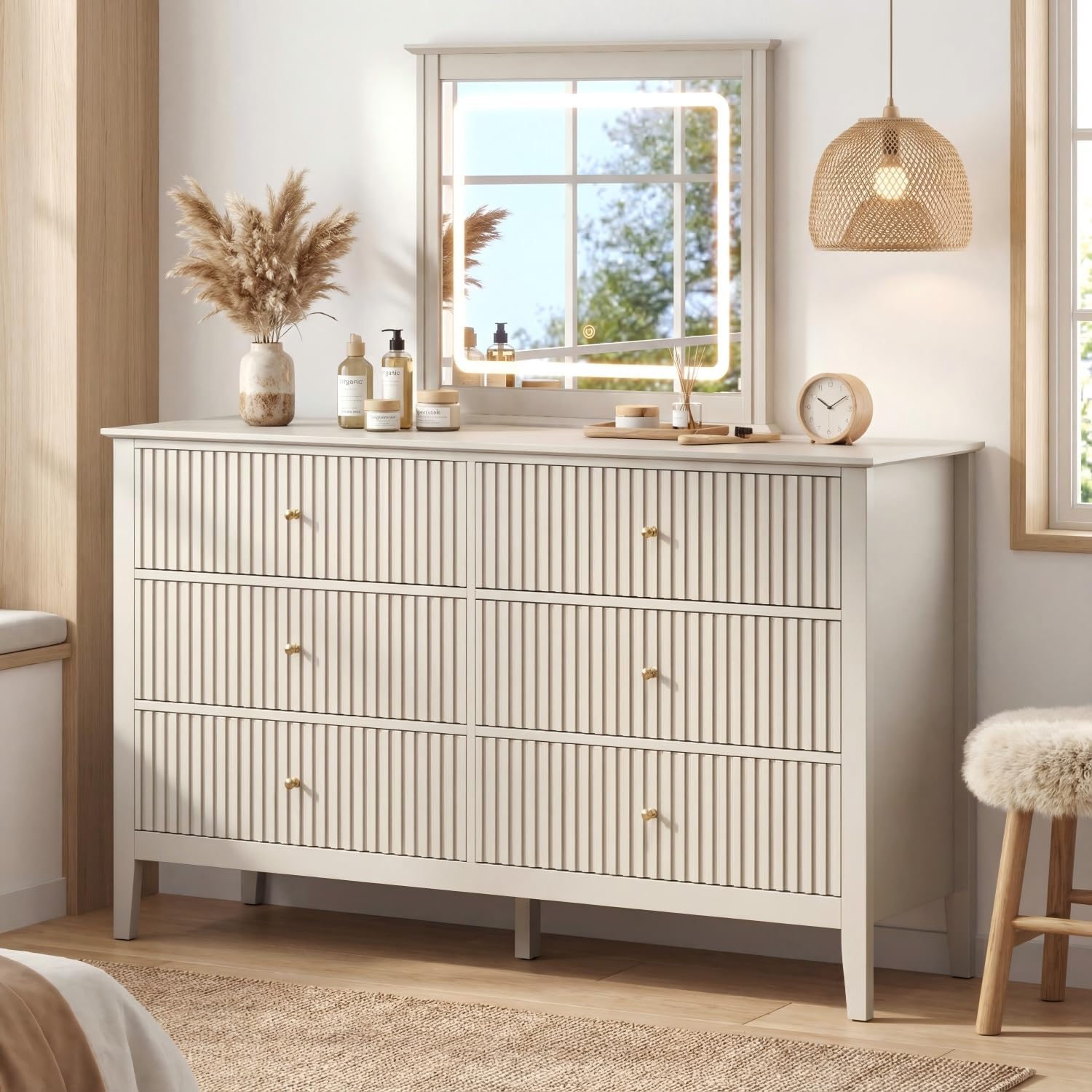 RoyalCraft 6 Drawer Dresser with Lighted Mirror, Beige Fluted Modern Wood Chest of Drawers, Long Dresser for Bedroom Storage
