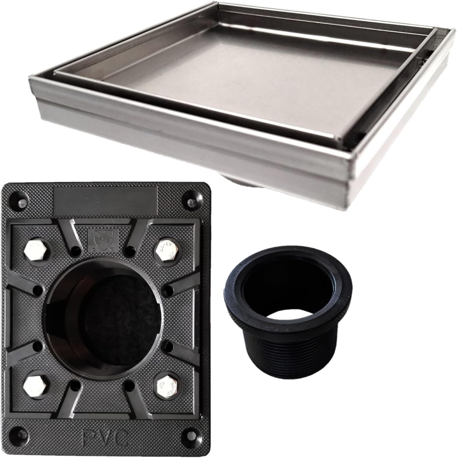 SereneDrains 304 Stainless Steel Tile in Square Brushed Nickel Shower Drain Kit with Drain Base Hair Catcher Strainer Grate Cover Bathroom Floor Insert (Square PVC Plastic, 6 Inch)