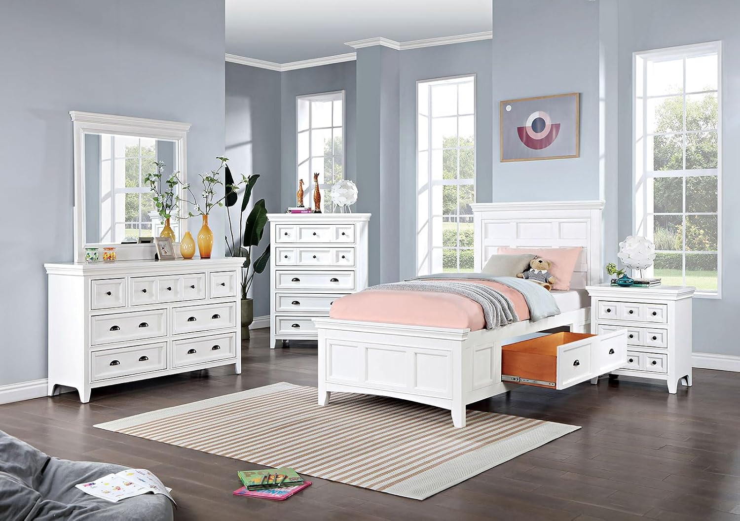 MASARA 3-Piece Transitional Queen Bedroom Set in White Finish, Engineered Solid Wood, Others