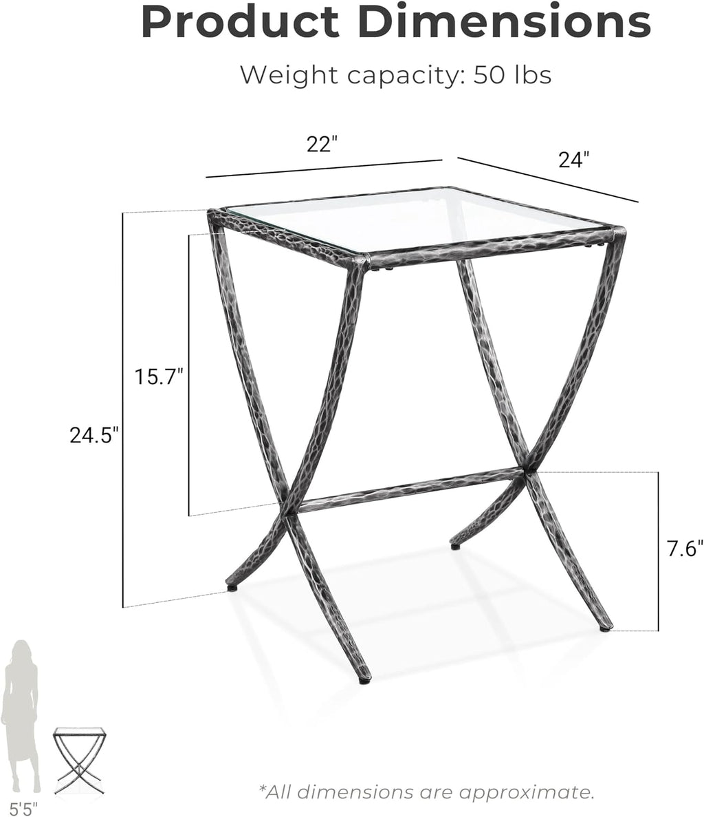 24/7 Shop at Home Lalia Hammered Metal 4-Piece Bedroom Collection, Upholstered Bed Frame with Camelback Headboard, Forged Steel, Bench and Curved Nightstands, Foundation Required, Full, Matte Grey