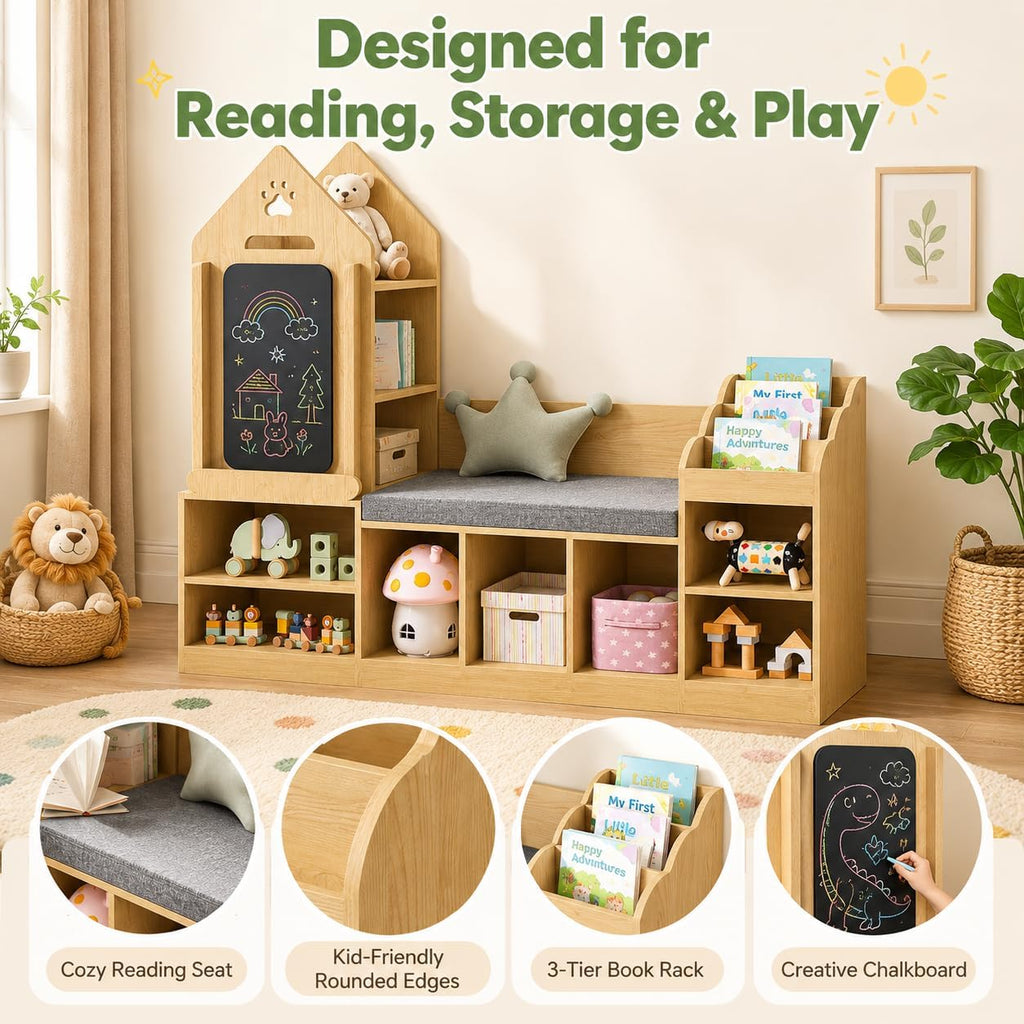 Xilingol Kids Reading Nook with Storage Bench and Chalkboard, Wooden Kids Bookshelf and Toy Storage, Toy Organizer for Boys & Girls, Toddler Reading Nook for Bedroom, Nursery, Playroom, Natural Oak