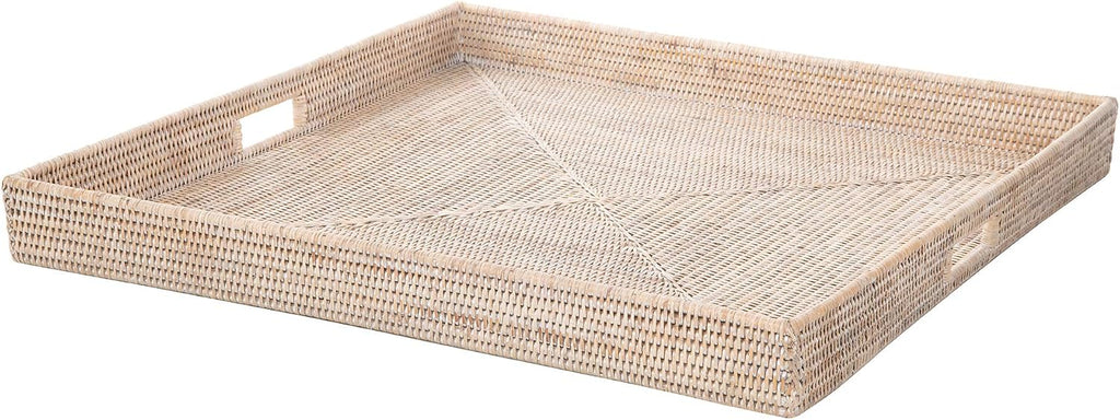 KOUBOO La Jolla Rattan Tray, Square Woven Tray - Decorative Coffee Table, Breakfast Tray, Home Decor Basket Style, Extra Large, White-Wash