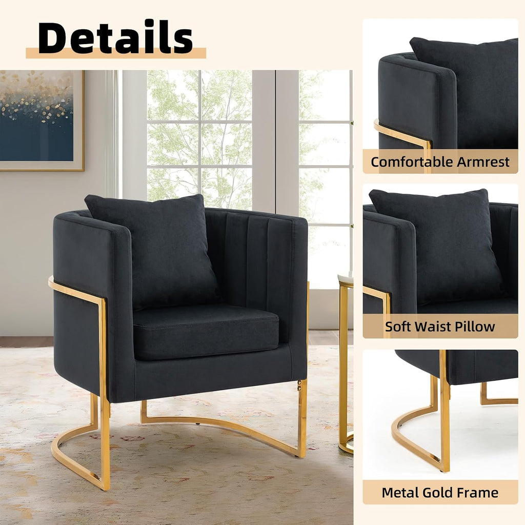 Velvet Modern Accent Chair, Upholstered Barrel Armchair Mid Century with Pillow for Living Room, Comfy Single Vanity Chair with Metal Gold Legs for Bedroom, Black