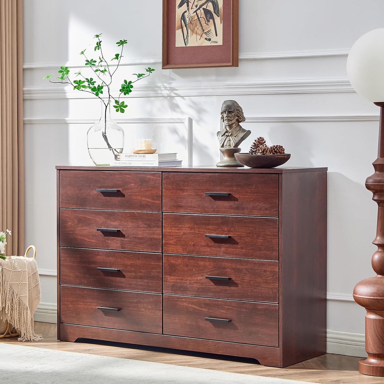 LIDYUK Dark Cherry Dresser for Bedroom, 8 Drawer Dressers & Chests of Drawers, Modern Wood Dresser, 48 Inch Wide Chest of Drawers for Bedroom, Hallway, Living Room