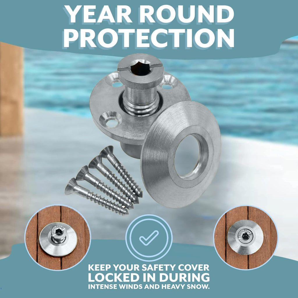 Poolzilla Pool Safety Cover Stainless Steel Anchor with Collar for Wood Decks - 25 Pack - Universal Fit
