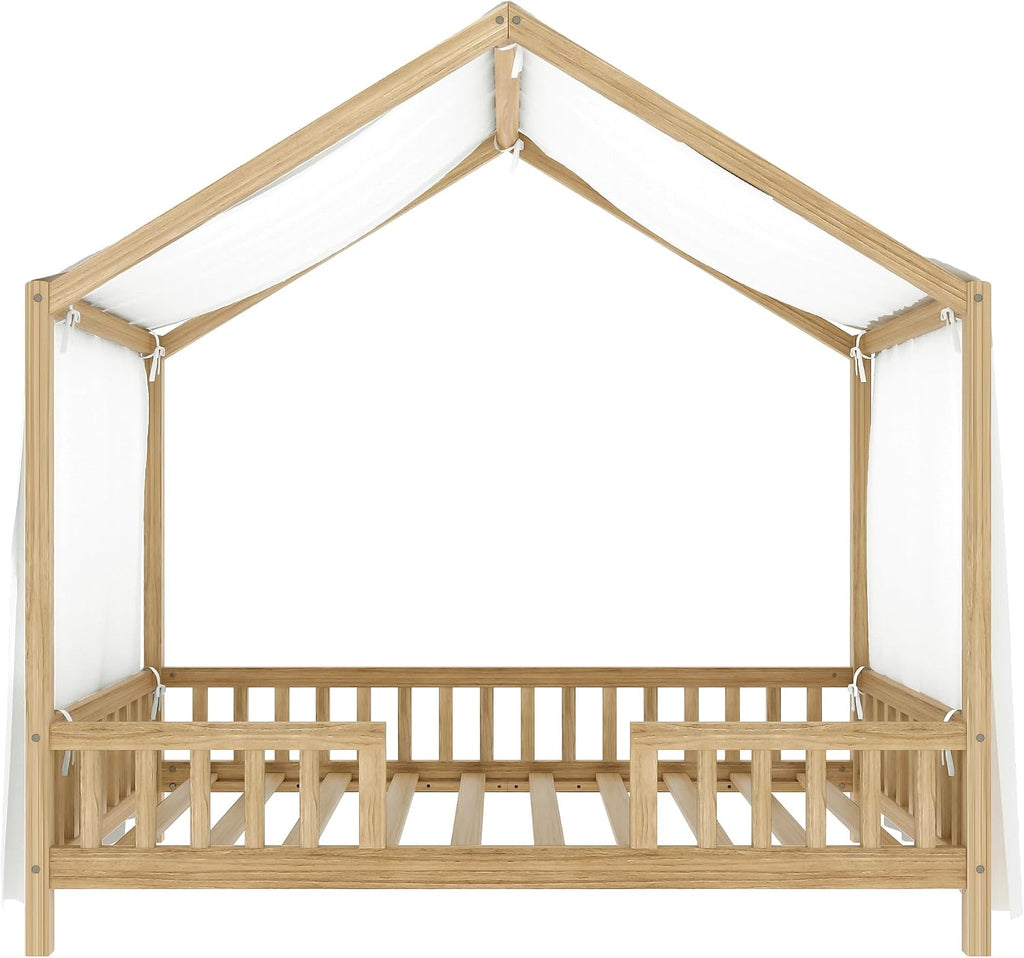 Twin Size House-Shape Bed with Canopy and High Railings, Wood Kids Bed Frame with Roof (Natural, Twin)
