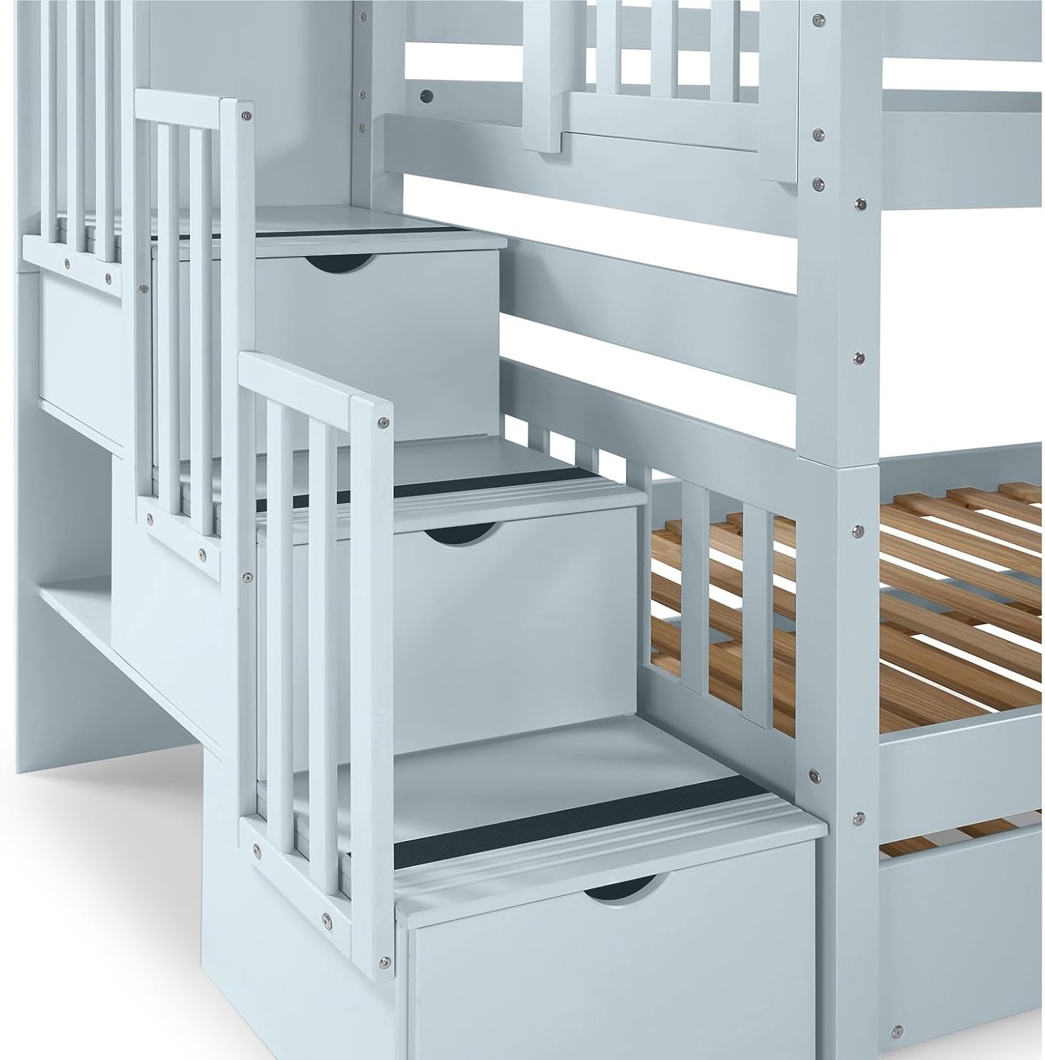 Bedz King Stairway Bunk Beds Twin Over Twin, 3 Step Drawers and a Twin Trundle, Breezy Blue