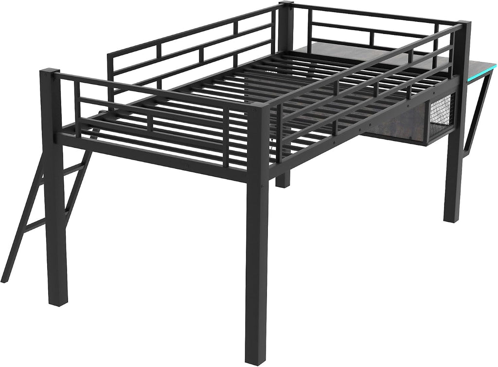Twin Size Mid Metal Loft Gaming Bed with Desk and LED Lights, Modern Steel Loft Bed Frame with Inclined Ladder and Safety Guardrail for Kids Teens Girls Boys, No Box Spring Needed (Black-08, Twin)