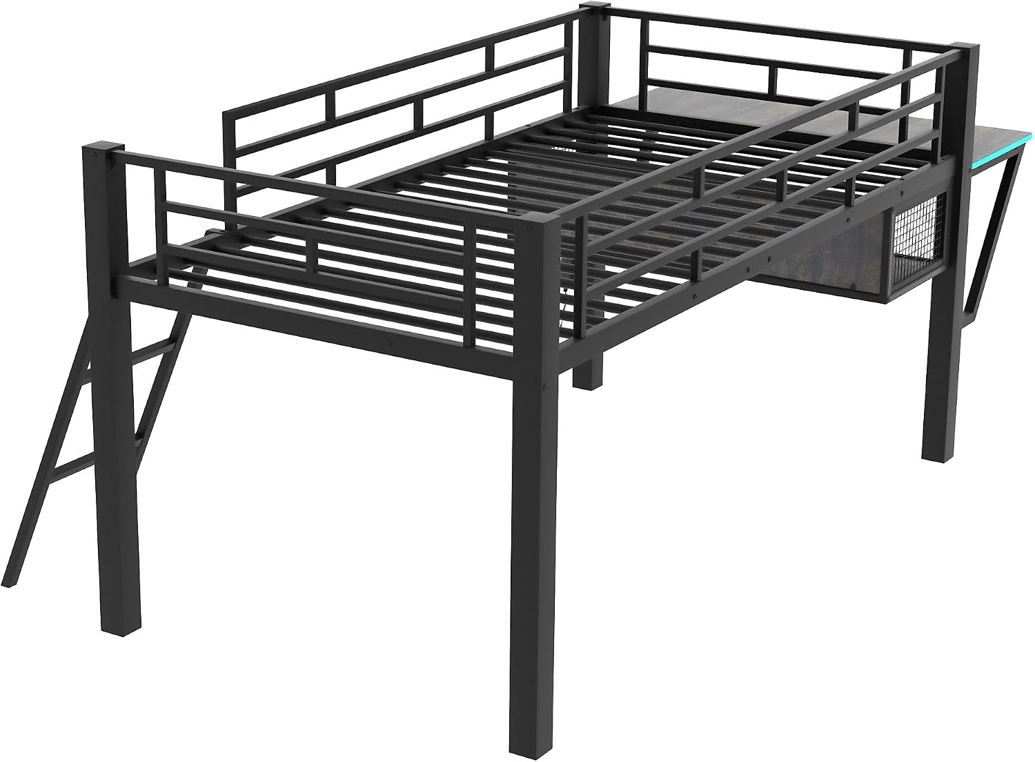 Twin Size Mid Metal Loft Gaming Bed with Desk and LED Lights, Modern Steel Loft Bed Frame with Inclined Ladder and Safety Guardrail for Kids Teens Girls Boys, No Box Spring Needed (Black-08, Twin)