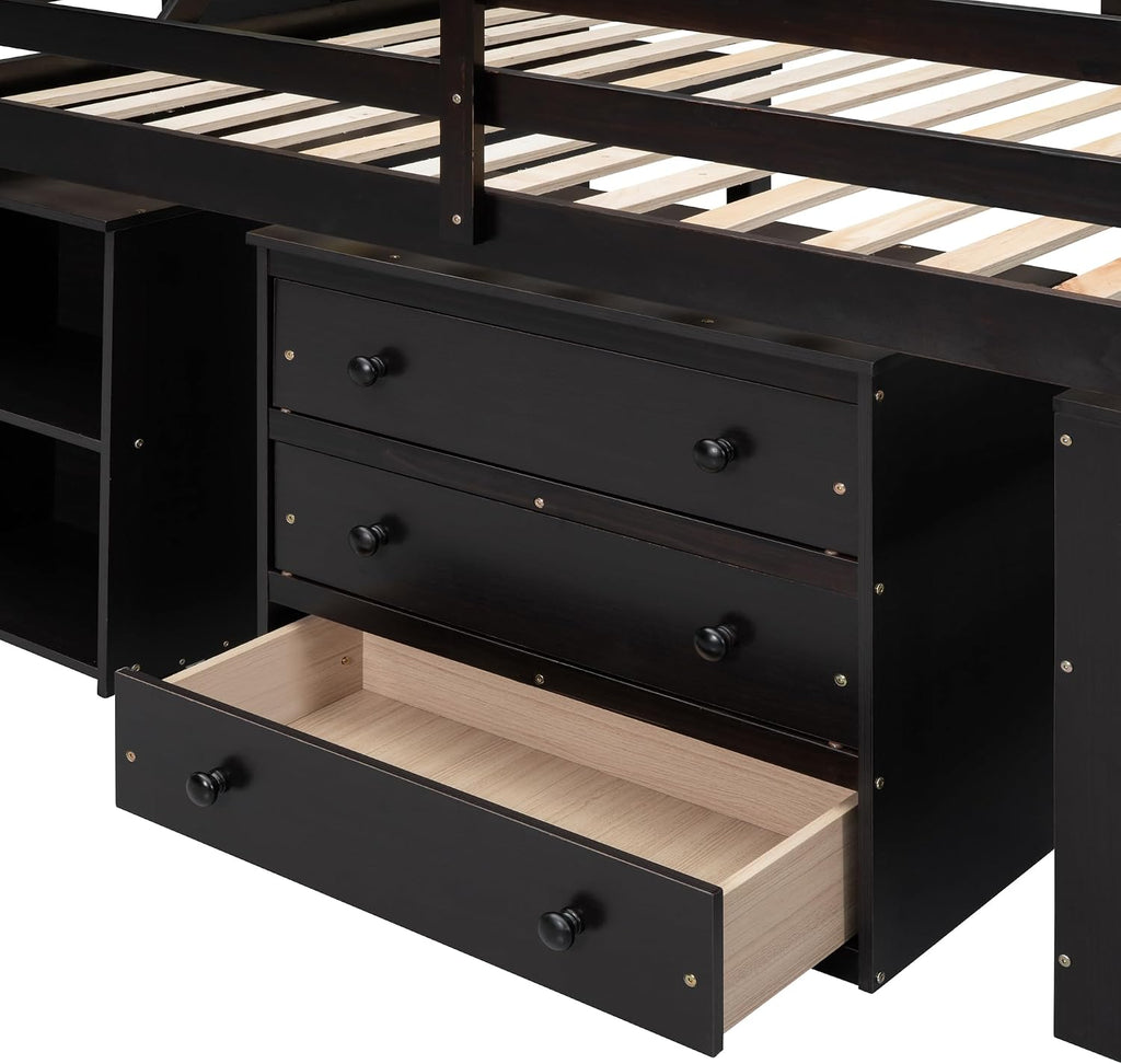 Full Size Loft Bed with Retractable Writing Desk, Wooden Loft Bed with 3 Drawers and Shelves, Storage Stairs, Versatility Low Loft Bed Storage Bed for Kids Boys Girls Bedroom (Espresso,Storage Stairs)