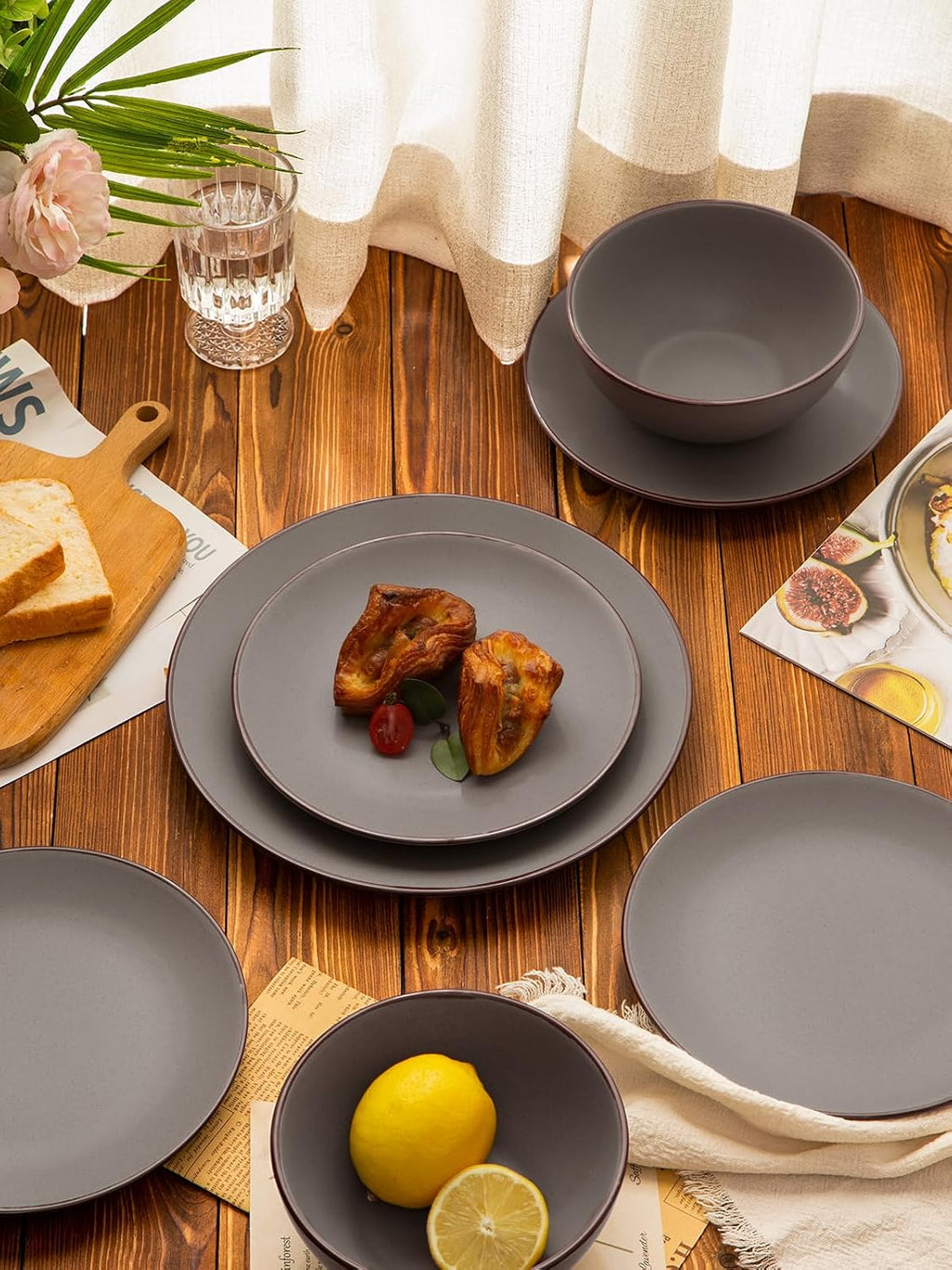 Famiware Venus Plates and Bowls Sets with Trim, 24 Pieces Speckled Stoneware Dinnerware Set for 8, Matte Dark Gray - Microwave & Dishwasher Safe, Modern Minimalist, Dishes for Everyday & Formal Dining