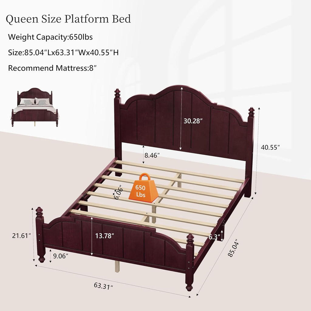 JIVOIT Vintage Wooden Bed Frame, Queen Size Platform Bed with Wide Headboard, Wood Slats Support, No Spring Box Needed, Easy Assembly (Espresso-Queen,2)