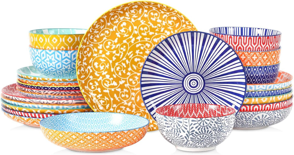 Selamica Ceramic Plates and Bowls Sets,24 Pieces Dinnerware Sets for 6,Scratch Resistant Dish Set for holiday gathering,Dishwasher & Microwave Safe, Assorted Colors