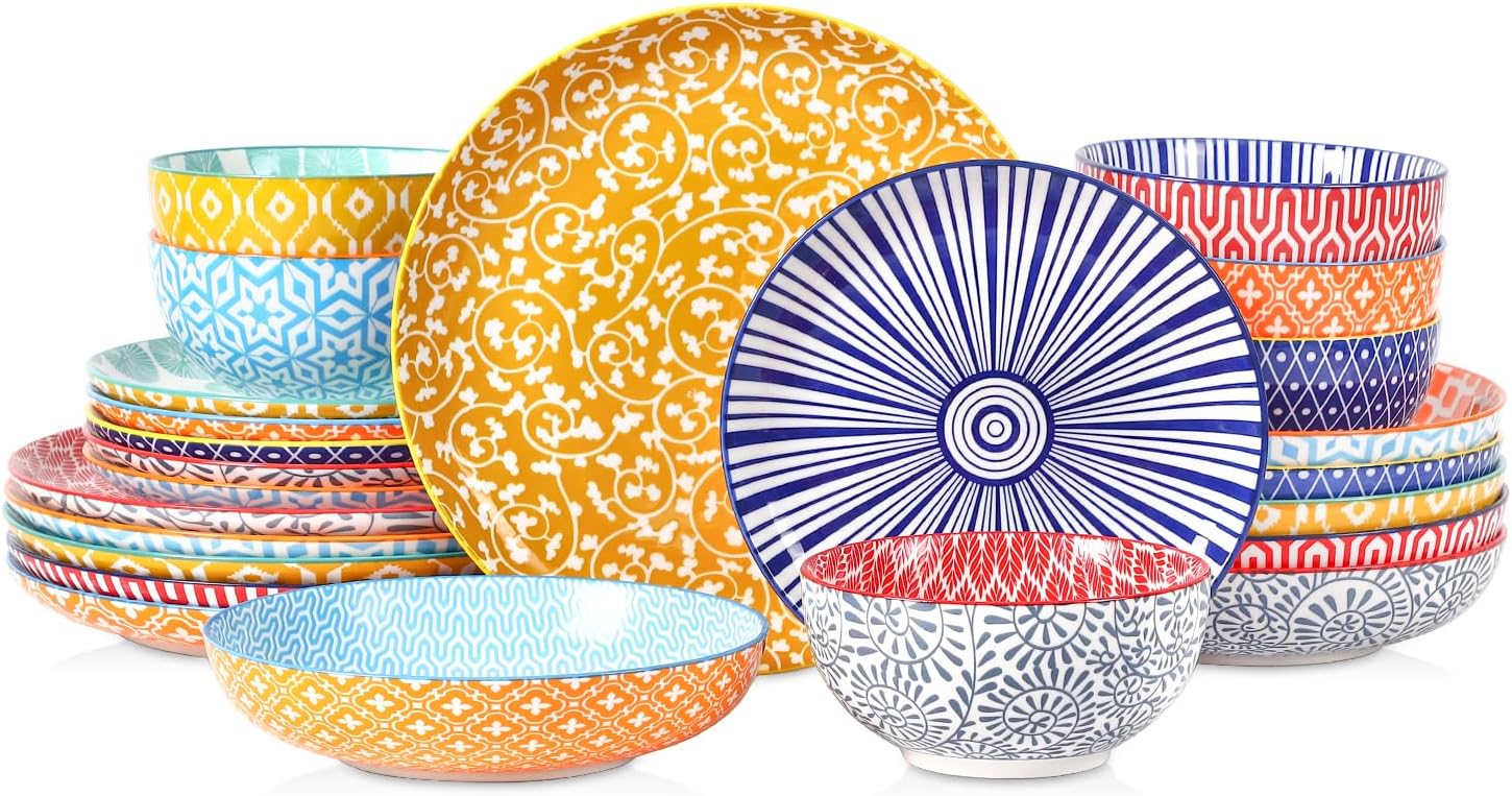 Selamica Ceramic Plates and Bowls Sets,24 Pieces Dinnerware Sets for 6,Scratch Resistant Dish Set for holiday gathering,Dishwasher & Microwave Safe, Assorted Colors