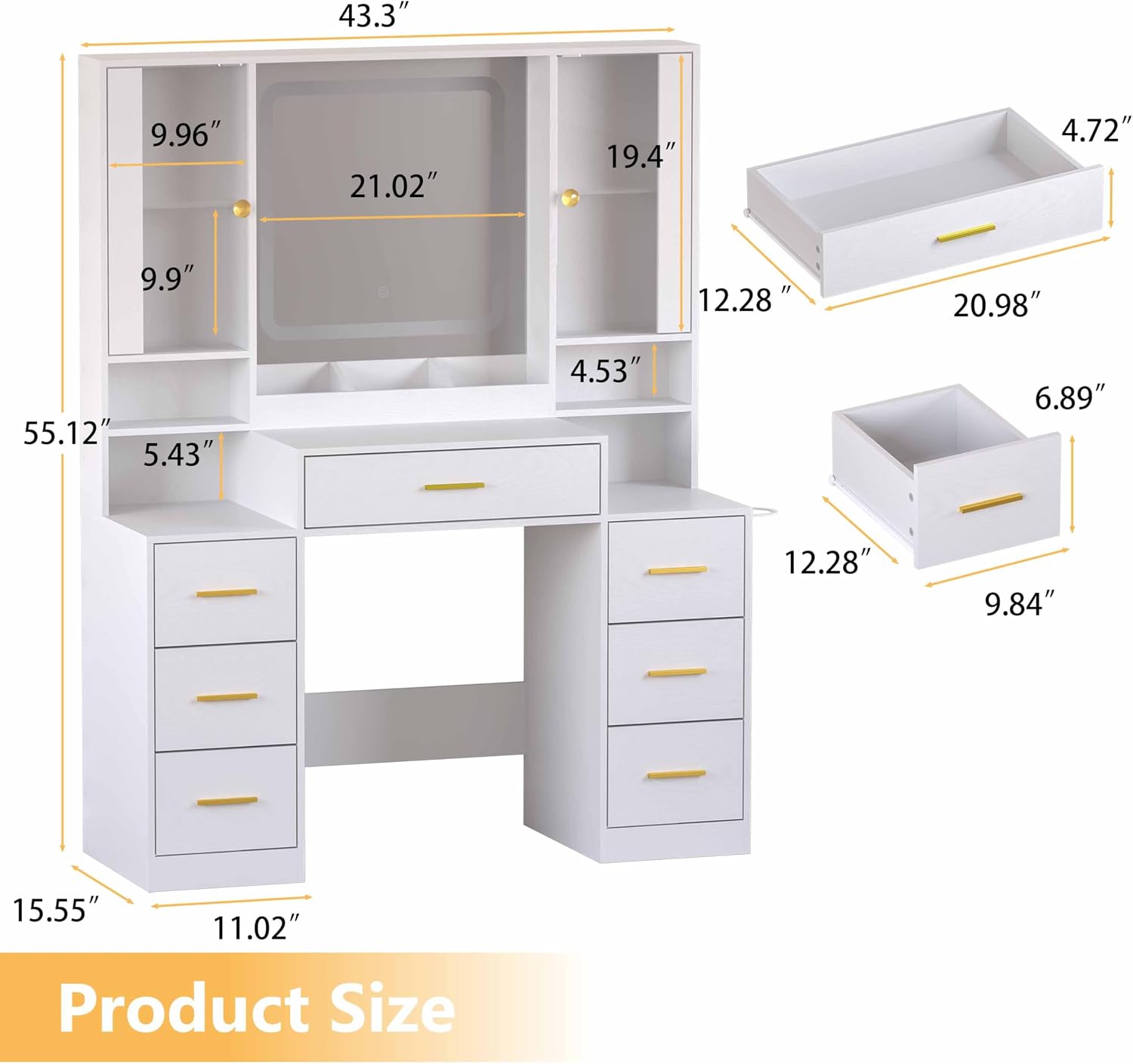 Wodeer White Makeup Vanity Desk with Mirror & Lights, Modern Vanity Table with Charging Station, 7 Drawers, Glass Cabinet, Adjustable Shelves, Bedroom Dressing Table Set for Women & Girls