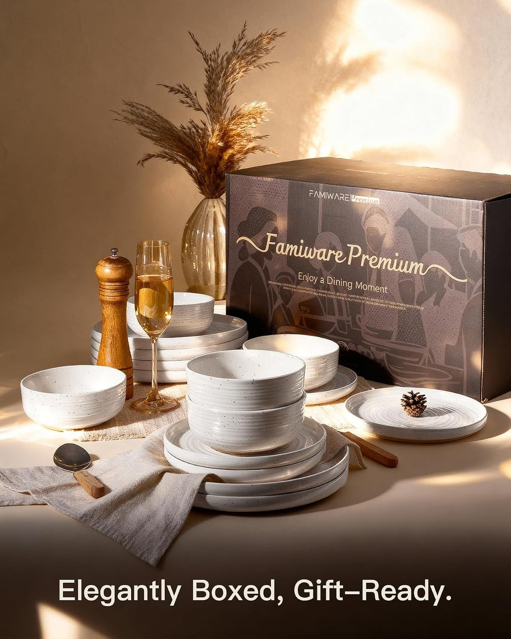 24-Piece Stoneware Dinnerware Set – Flared Plates and Bowls with Reactive Glaze, Speckles & Spirals, Chip & Scratch Resistant Dishes, Dishwasher Safe, Service for 8, Gift Box, White