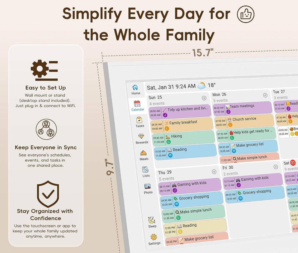 Digital Calendar, 15.6-inch Smart Family Calendar with Touch Screen, No Subscription, Family Wall Planner & Chore Chart, Interactive HD Display for Family Schedules, Meal Planning, Photo Display, Desktop & Wall Mount