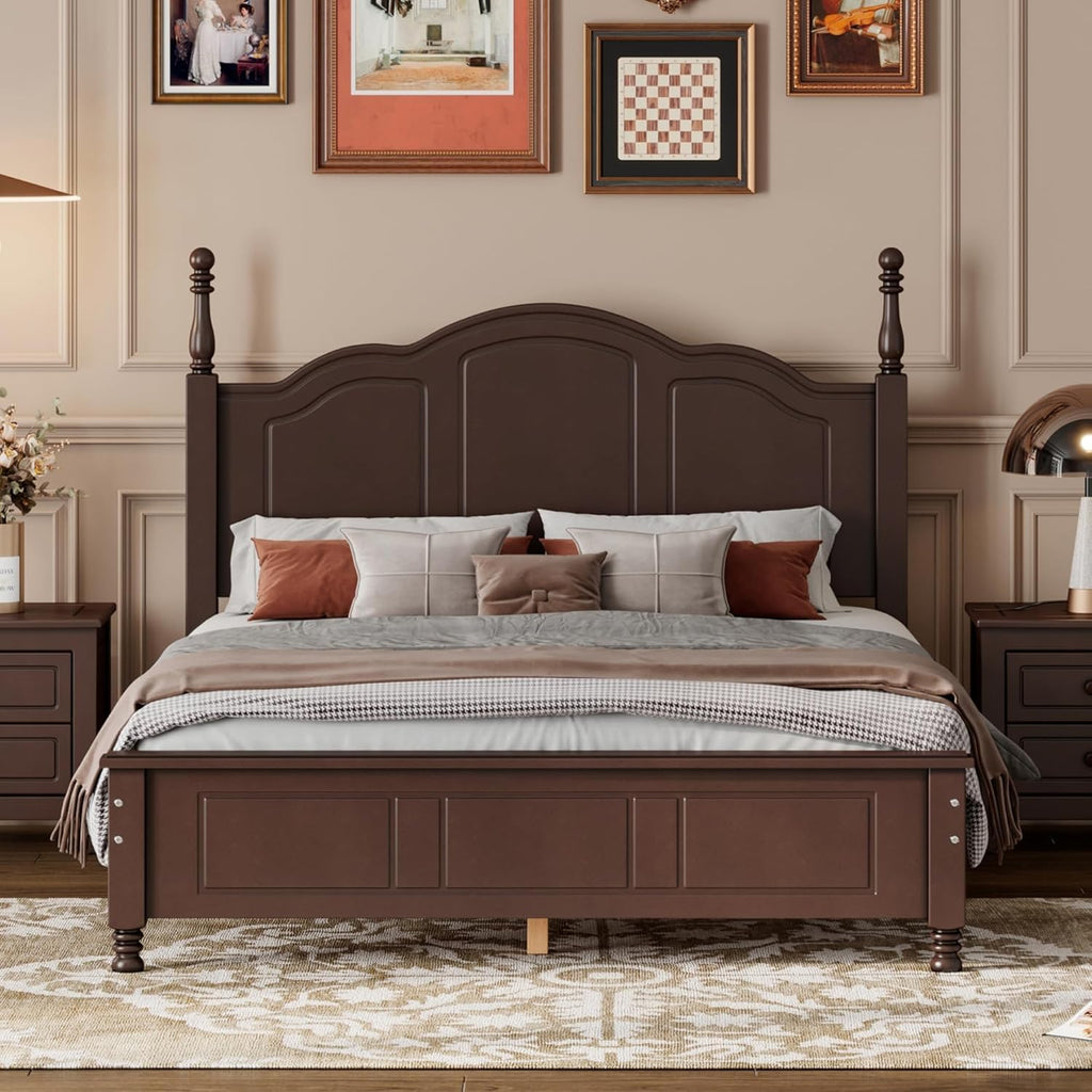 A Three-Piece Furniture Set, A Sturdy Wooden Bed with A Bedside Table, Suitable for A Family Setting(Dark Walnut(Full))