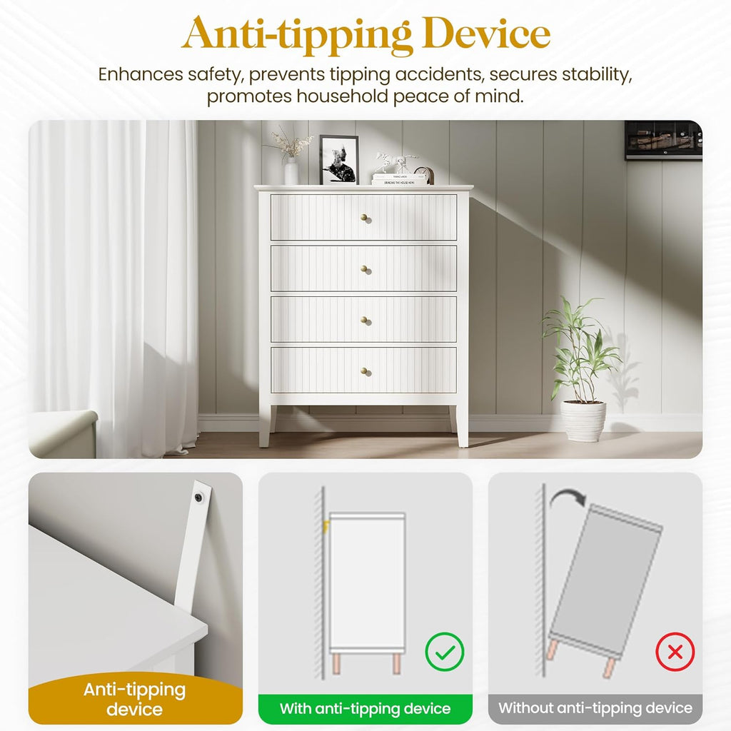 RoyalCraft White Fluted 4 Drawer Dresser Set of 2 for Bedroom, Modern Chest of Drawers, Wood Dresser for Storage Clothes, Wooden Storage Cabinet Nightstand for Bedroom, Hallway, Living Room, Entryway