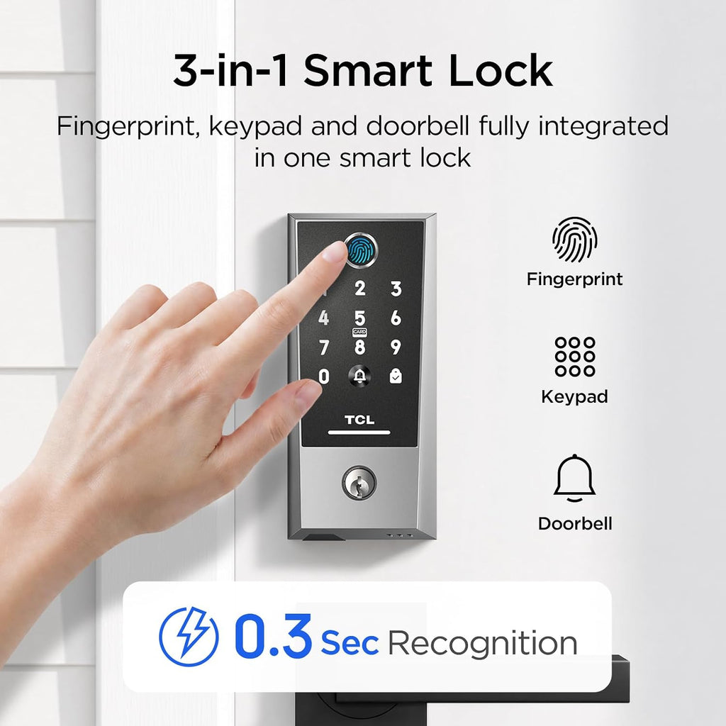 TCL Smart Deadbolt Lock, Fingerprint Keyless Entry Door Lock with Touchscreen Keypad, App Control, 8-Month Battery, WiFi Enabled, Front Door Locks Compatible with Alexa & Google Home, D2 Plus