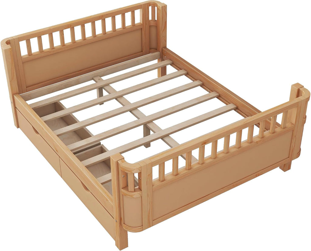 Harper & Bright Designs Full Size Low Platform Bed Frame, Daybed with Fence and Drawers, Low Profile Bed for Kids Bed Room, Natural