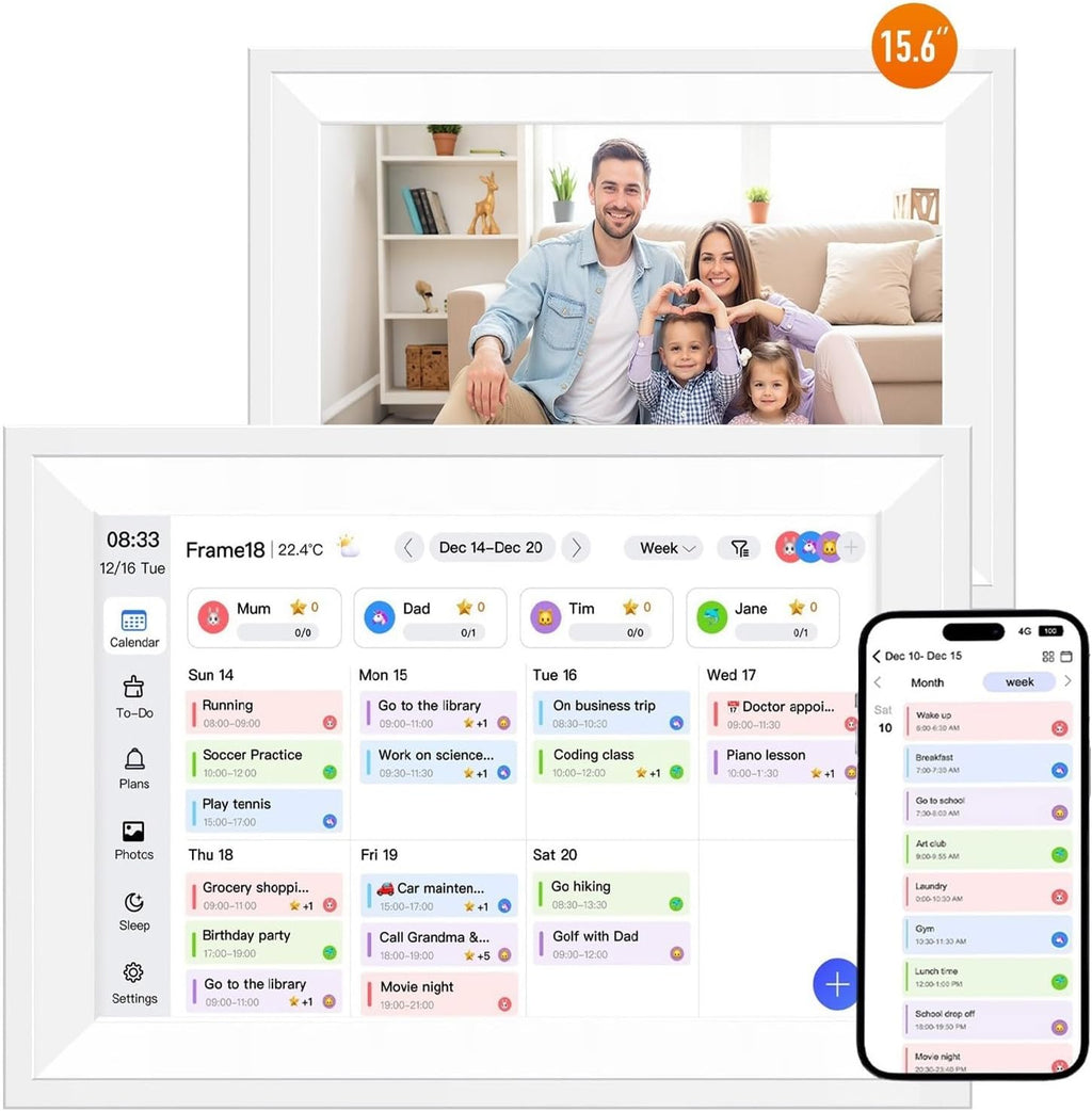 15.6' Smart Digital Wall Calendar Interactive Display for Family Schedules Wall Planner with Chore Charts Meal Planning Task Rewards 64GB Storage 1920x1080P IPS Touchscreen Digital Picture Frame White