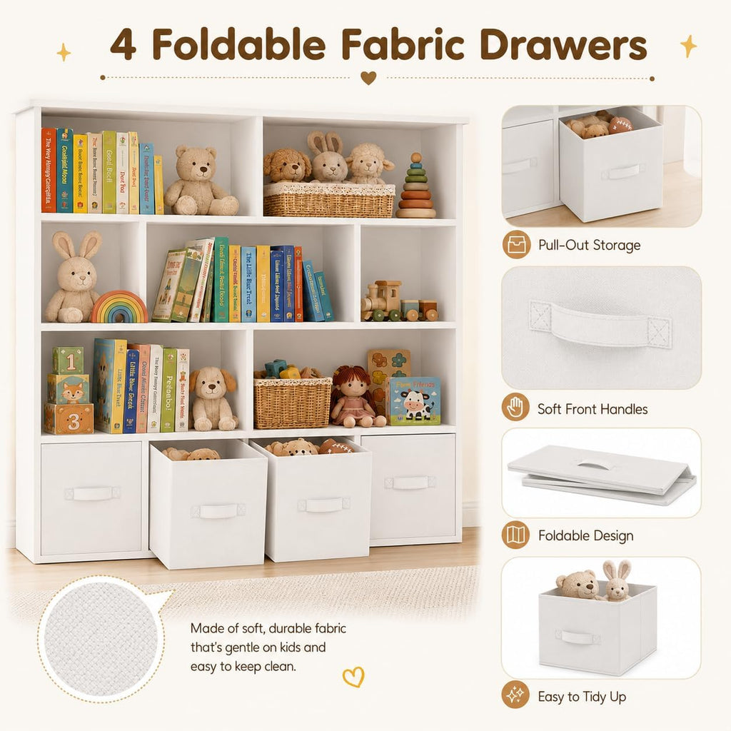 EROMMY Toy Storage Organizer and Kids Bookshelf, 7 Cubbies, 4 Drawers | 50'W x 47'H storage cabinet with anti-tip kit and removable fabric drawers for playrooms, bedrooms, and nurseries