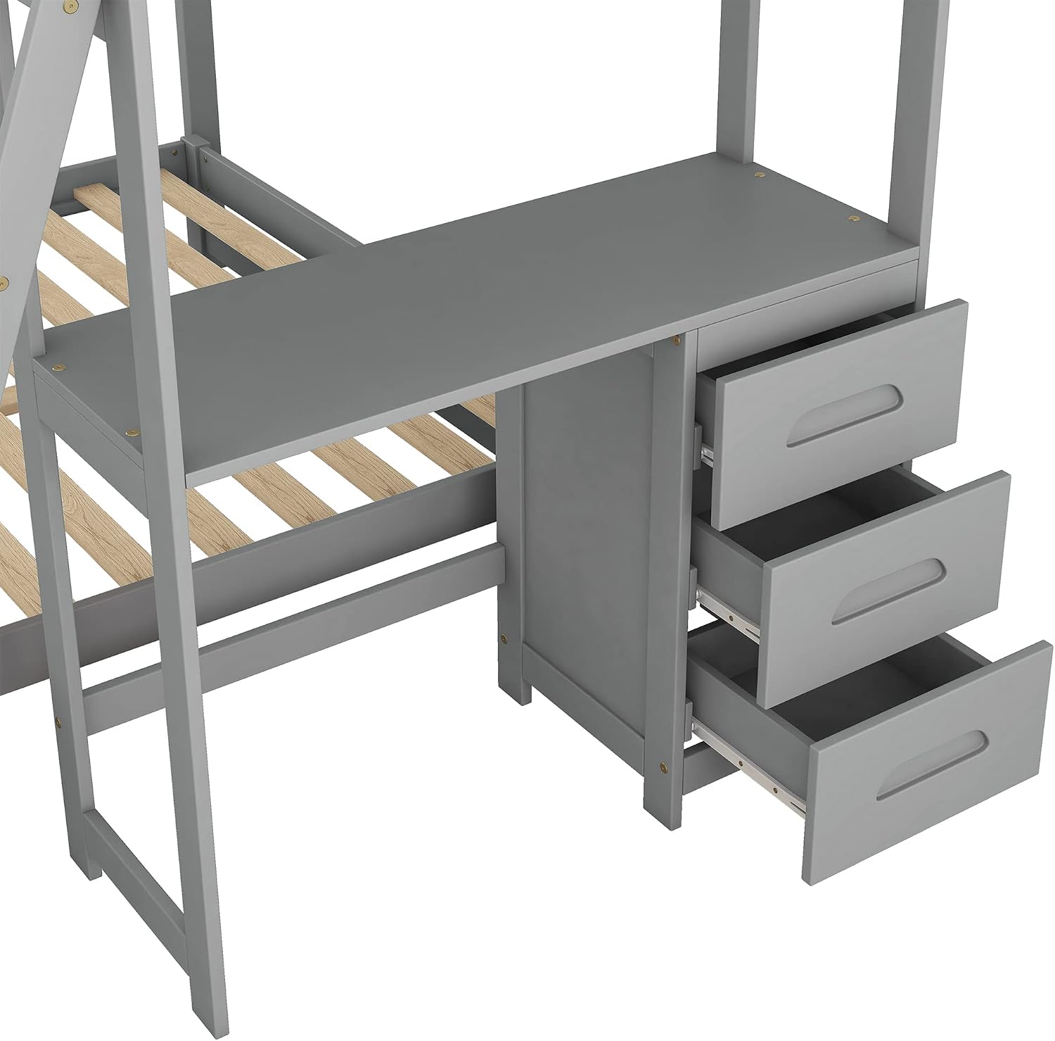 Twin Over Full Bunk Bed with Built-in Desk and Three Drawers,Modern Solid Wood Separate Bed Frame w/Head/Footboards & Guardrail,Easy to Assemble,for Bedroom,Apartment,Grey