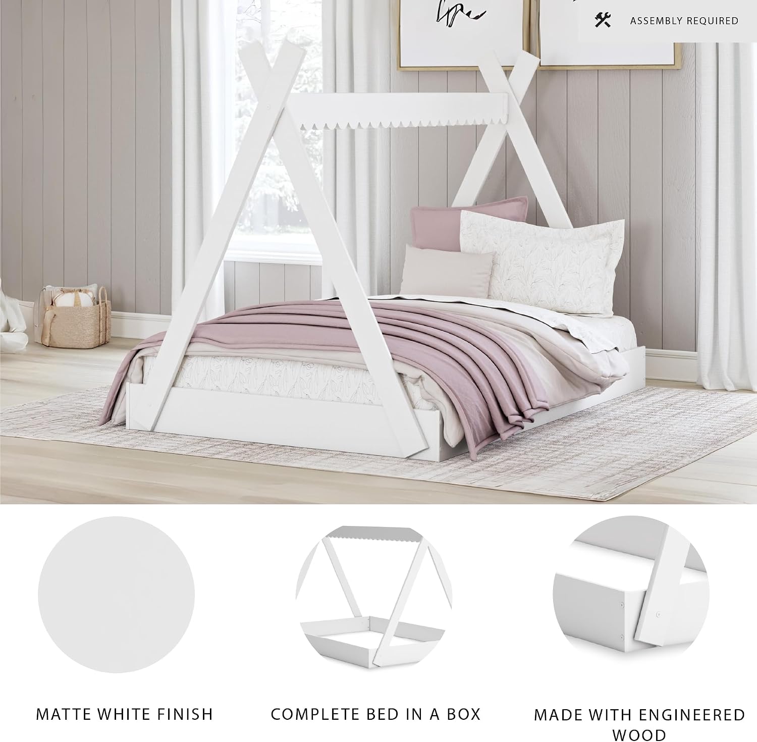 Signature Design by Ashley Hallityn Casual Youth/Toddler Floor Full Tent Bed, No Box Spring Needed, White