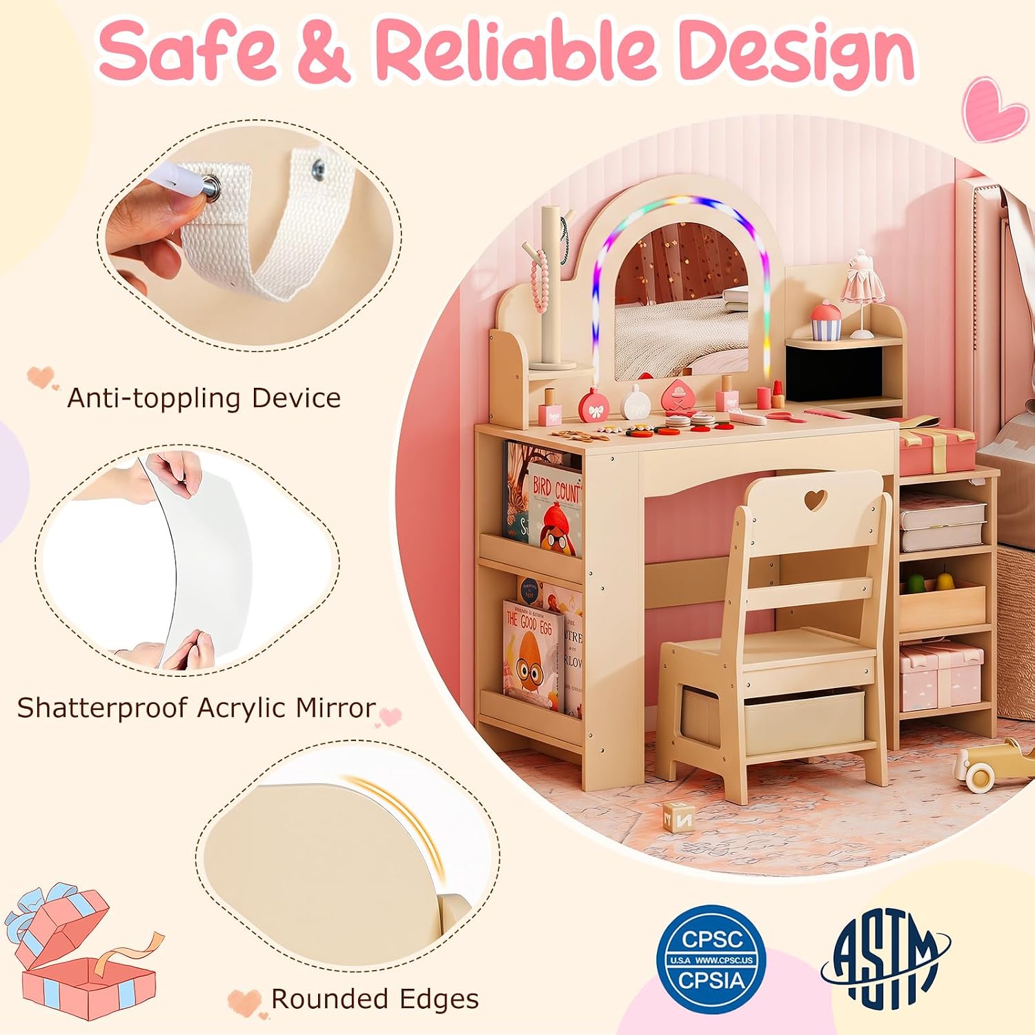 Costzon Kids Vanity, Girls Vanity Set with Lighted Mirror, Bookshelf, Jewelry Storage, Toddler Makeup Vanity Desk Dressing Table, Wooden Kids Vanity Table and Chair Set (Natural)