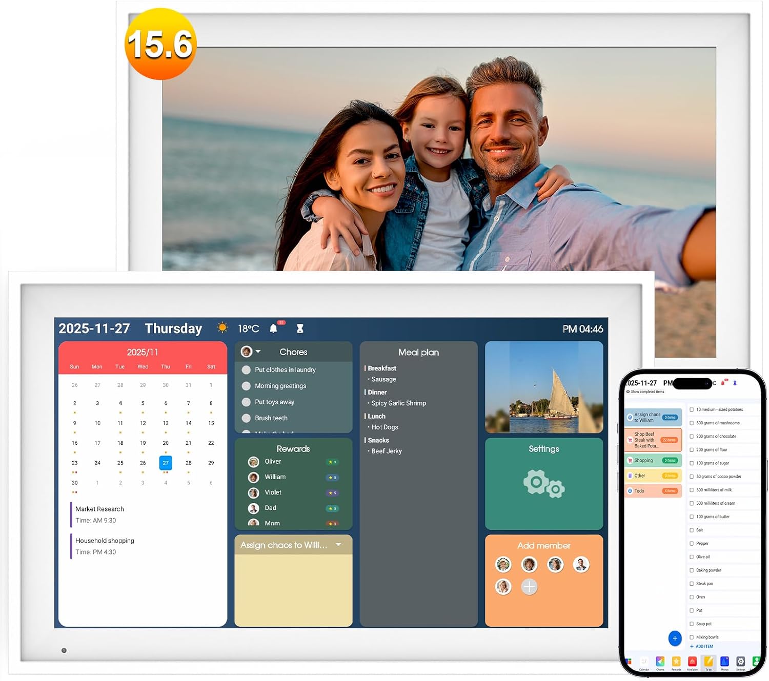 Digital Calendar 15.6' Digital Wall Planners for Family Schedules, Electronic Calendar with 1920*1080 Interactive Touchscreen, Digital Photo Frame Built-in 64GB Memory, Smart Calendar-White