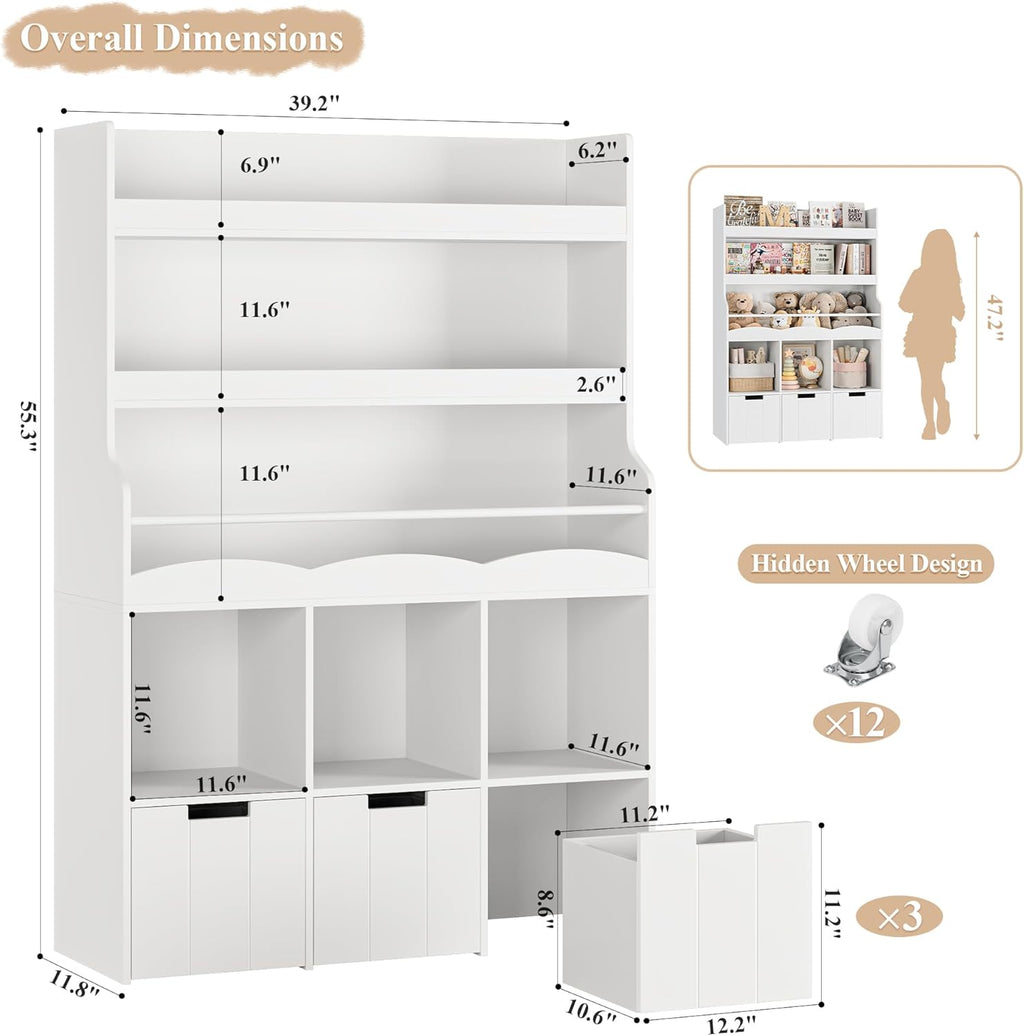 HITHOS 55.3' H Kids Bookshelf with Toy Storage Organizer, Tall Book Shelf with 3 Movable Toy Storage Bins, Large Kids Bookcase with Toy Chest, 39.2' W Modern Toy Box for Kid Room, Playroom, White