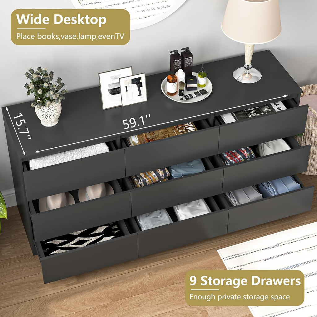 Black 9 Drawer Dresser for Bedroom,Modern Deep Drawer Dresser with No-Handle Design,Wide Storage Chest of Drawers,Wood Bedroom Storage Organizer Furniture for Closet,Hallway