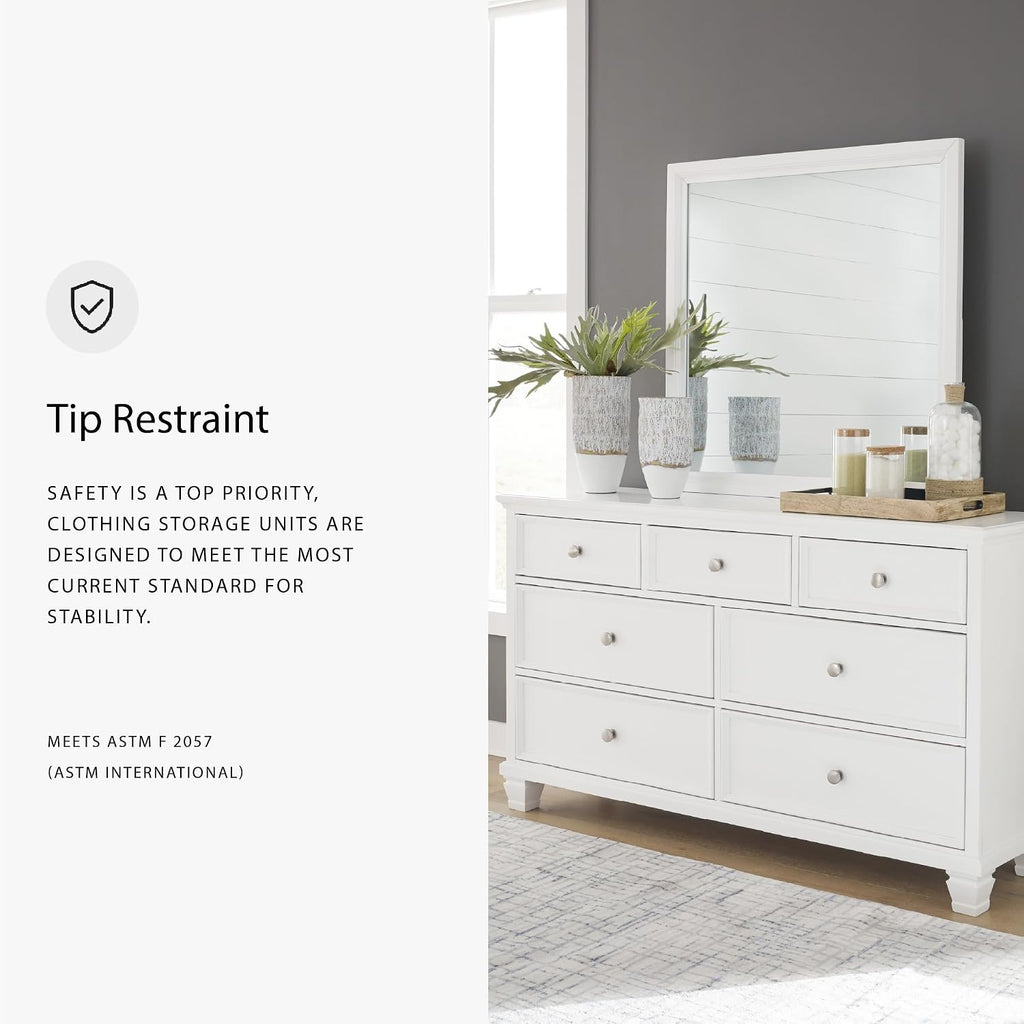 Signature Design by Ashley Fortman Casual Dresser and Mirror, Tapered Feet, 7 Storage Drawers, Round Satin Nickel Metal Knobs, Wood, 74.13' High, White