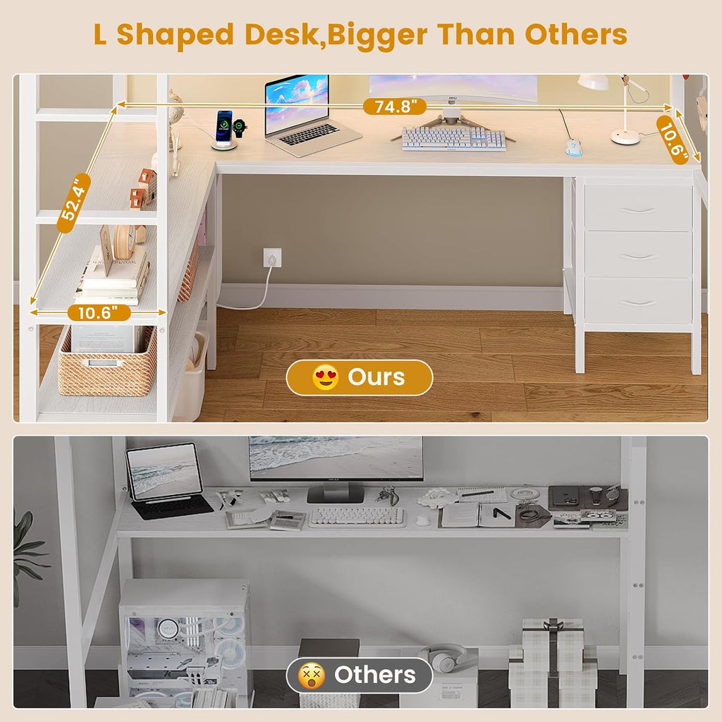 ADORNEVE Loft Bed Full Size with L-Shaped Desk, 3 Storage Drawers, Power Outlet, 3 Storage Shelves, Metal Loft Bed Frame with RGB Lights, Bed with Safety Guardrail & Ladders,Space-Saving, White