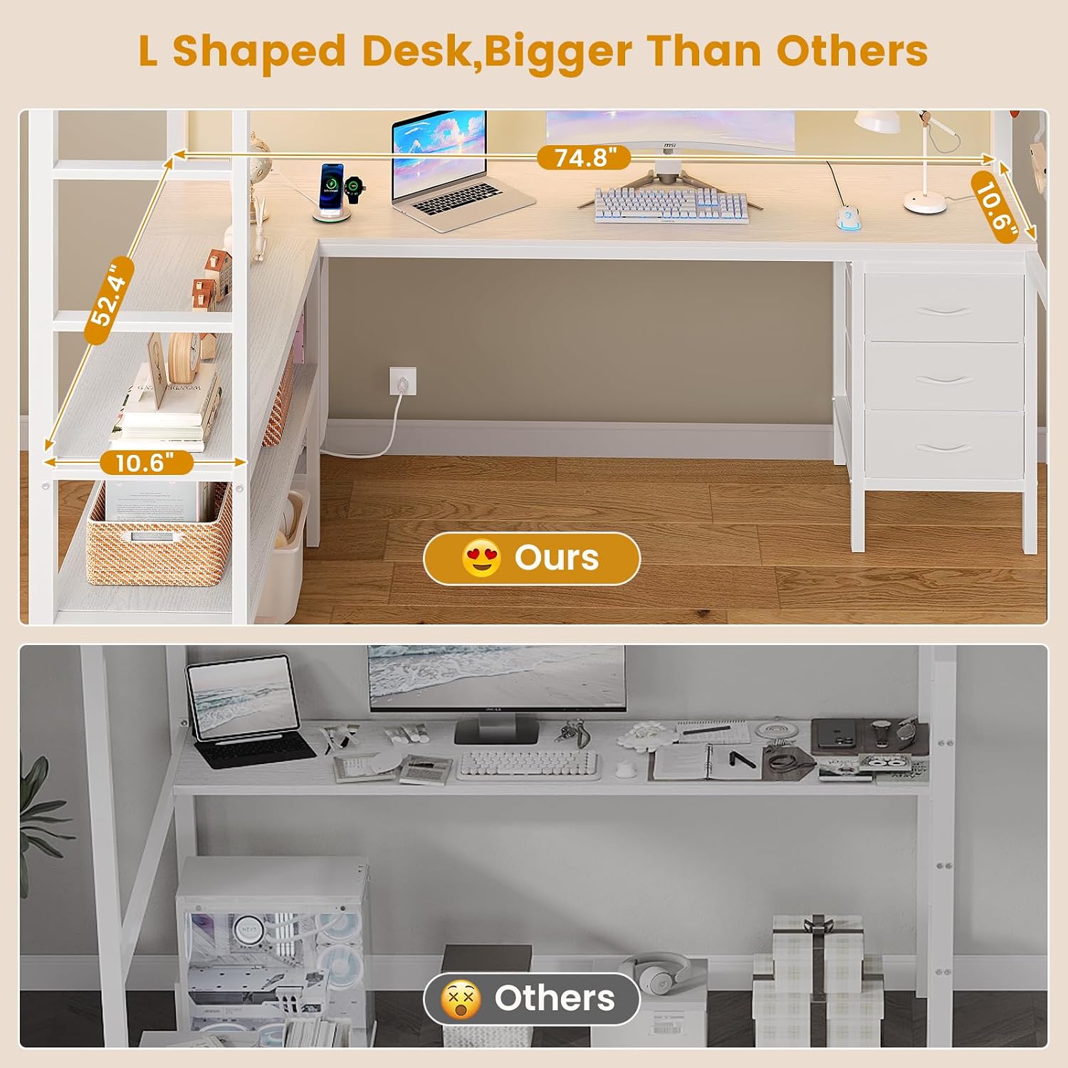 ADORNEVE Loft Bed Full Size with L-Shaped Desk, 3 Storage Drawers, Power Outlet, 3 Storage Shelves, Metal Loft Bed Frame with RGB Lights, Bed with Safety Guardrail & Ladders,Space-Saving, White