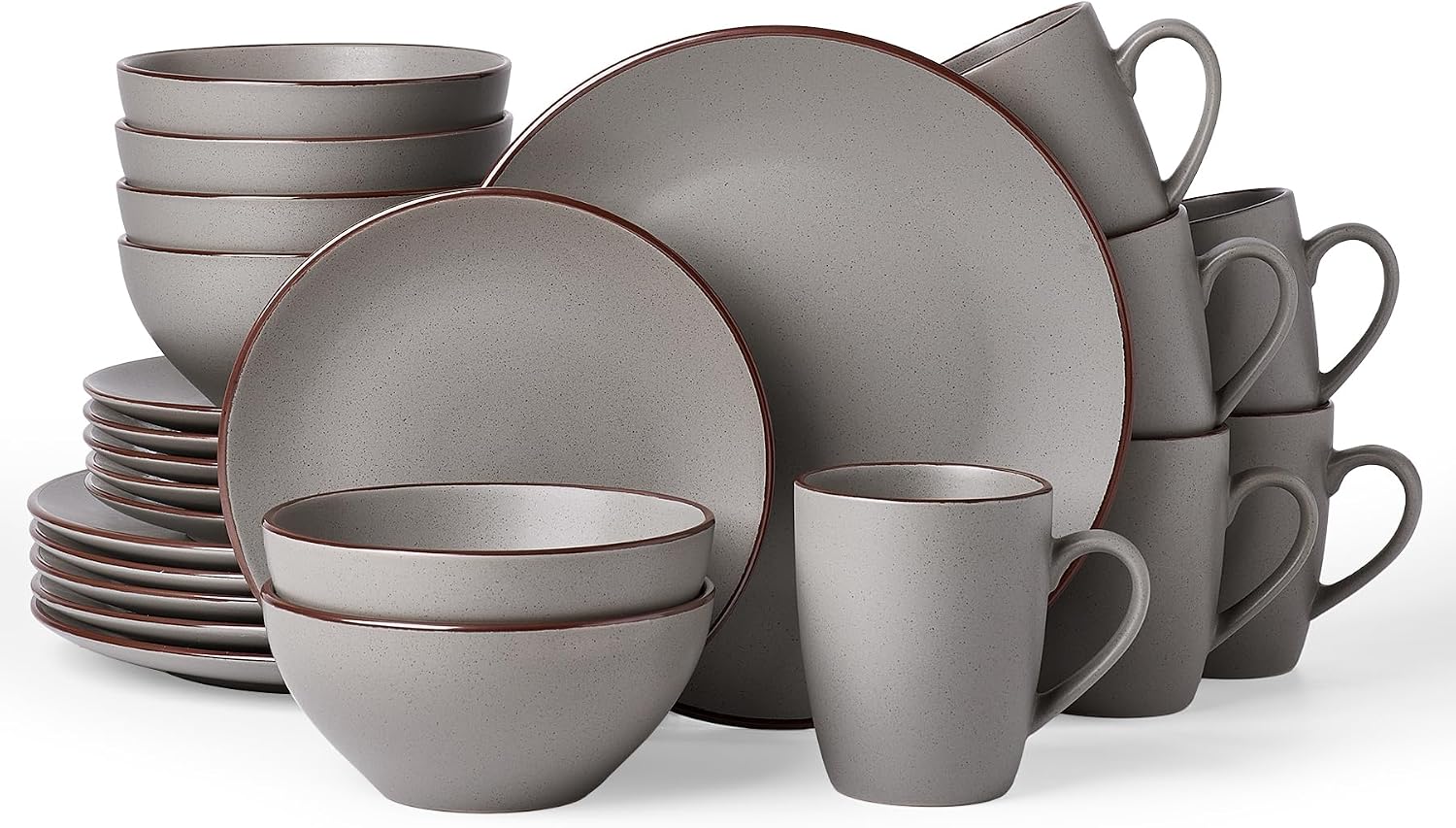 Famiware Venus 24-Piece Stoneware Dinnerware Sets with Mugs, Plates, Bowls, Service for 6, Matte Dark Gray - Modern Ceramic Chip‑Resistant Dishes for Everyday & Formal Use, Microwave & Dishwasher Safe