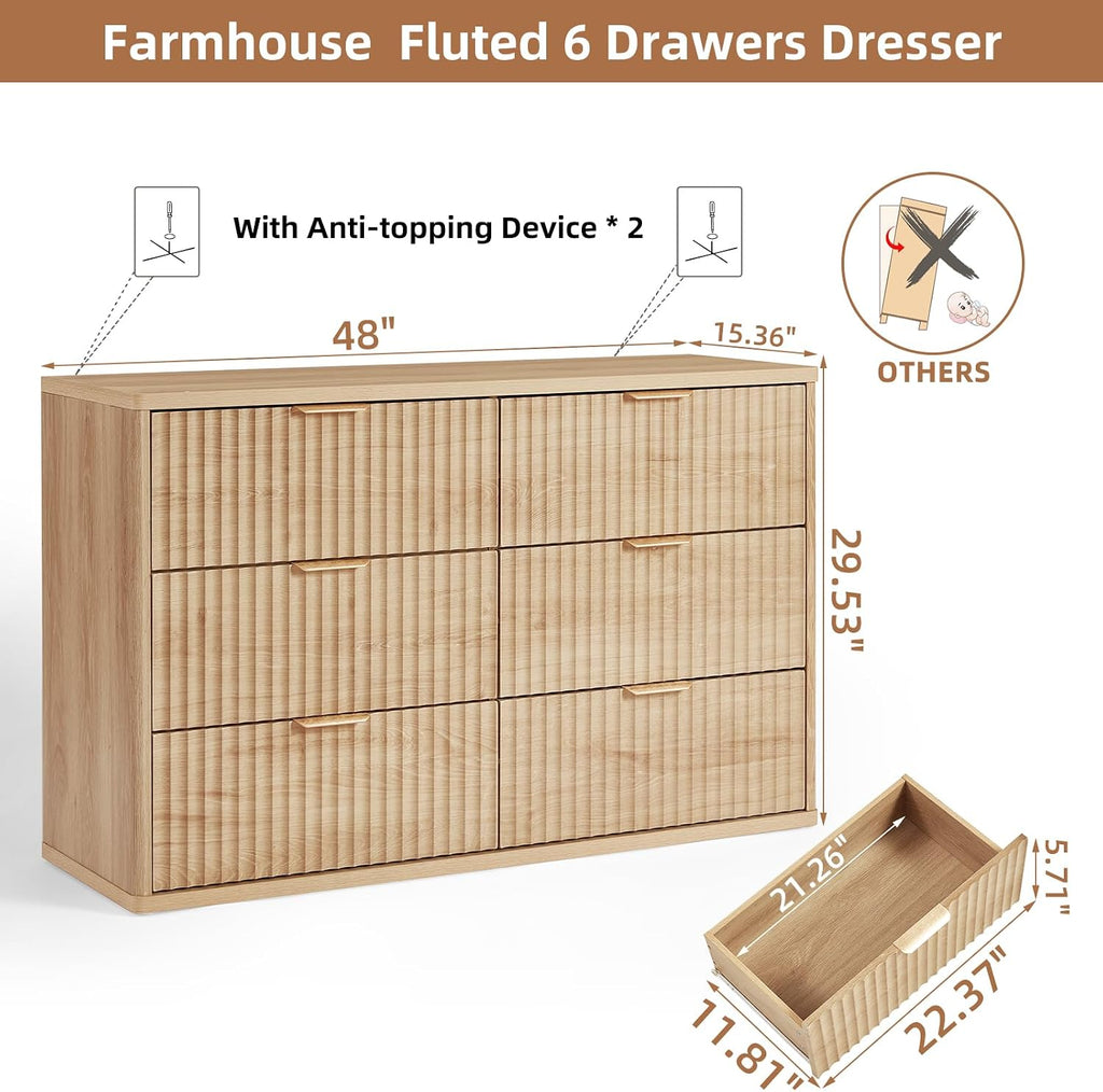 LEYAOYAO Fluted 6 Drawers Dresser Set of 2, 48' Wide Modern Chest of Drawers with Metal Handle, Natural Curved Profile Dresser TV Stand, Wooden Drawer Organizer for Bedroom, Living Room, Hallway