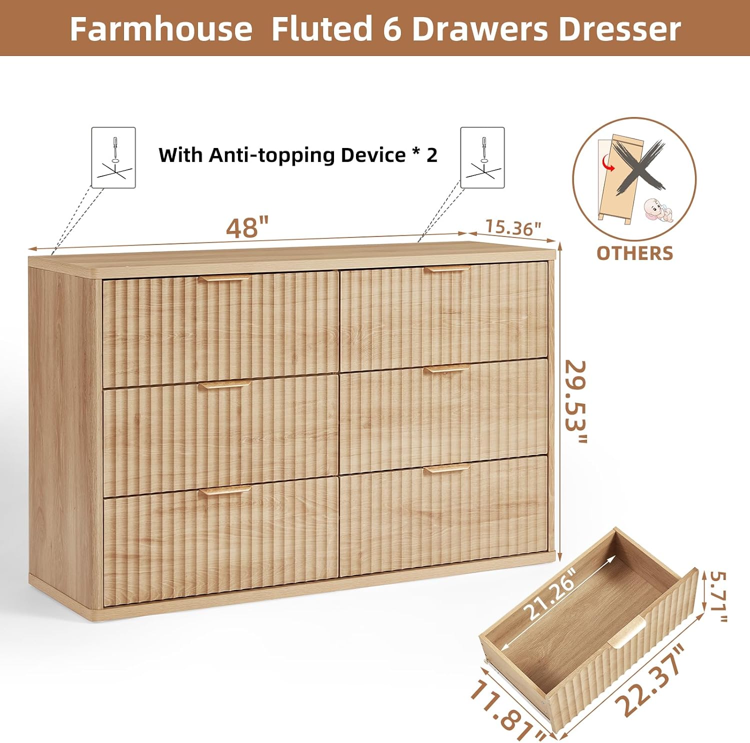 LEYAOYAO Fluted 6 Drawers Dresser Set of 2, 48' Wide Modern Chest of Drawers with Metal Handle, Natural Curved Profile Dresser TV Stand, Wooden Drawer Organizer for Bedroom, Living Room, Hallway