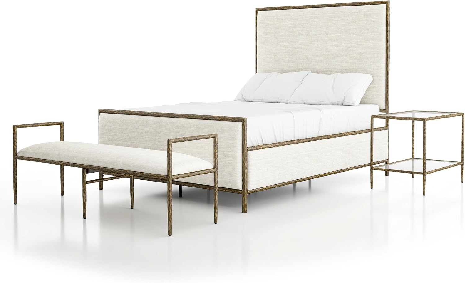 24/7 Shop at Home Lalia Hammered Metal 3-Piece Bedroom Collection, Upholstered Bed Frame with Beige Fabric Headboard, Forged Steel, Bench and 1-Shelf Nightstand, Foundation Required, Full, Matte Gold