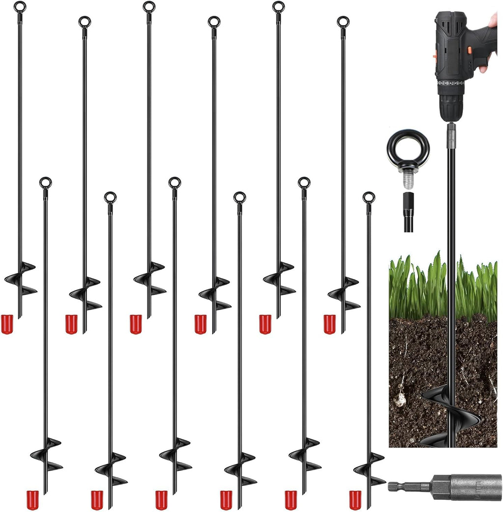 Yaocom 12 Pcs 40 Inch Extra Long Ground Anchor 4' Wide Helix 14 mm Rod Auger Earth Ground Metal Heavy Duty Anchors Hook Wind Stakes Eye Anchor for Guying Tents Fencing Canopies Bridge House (Black)