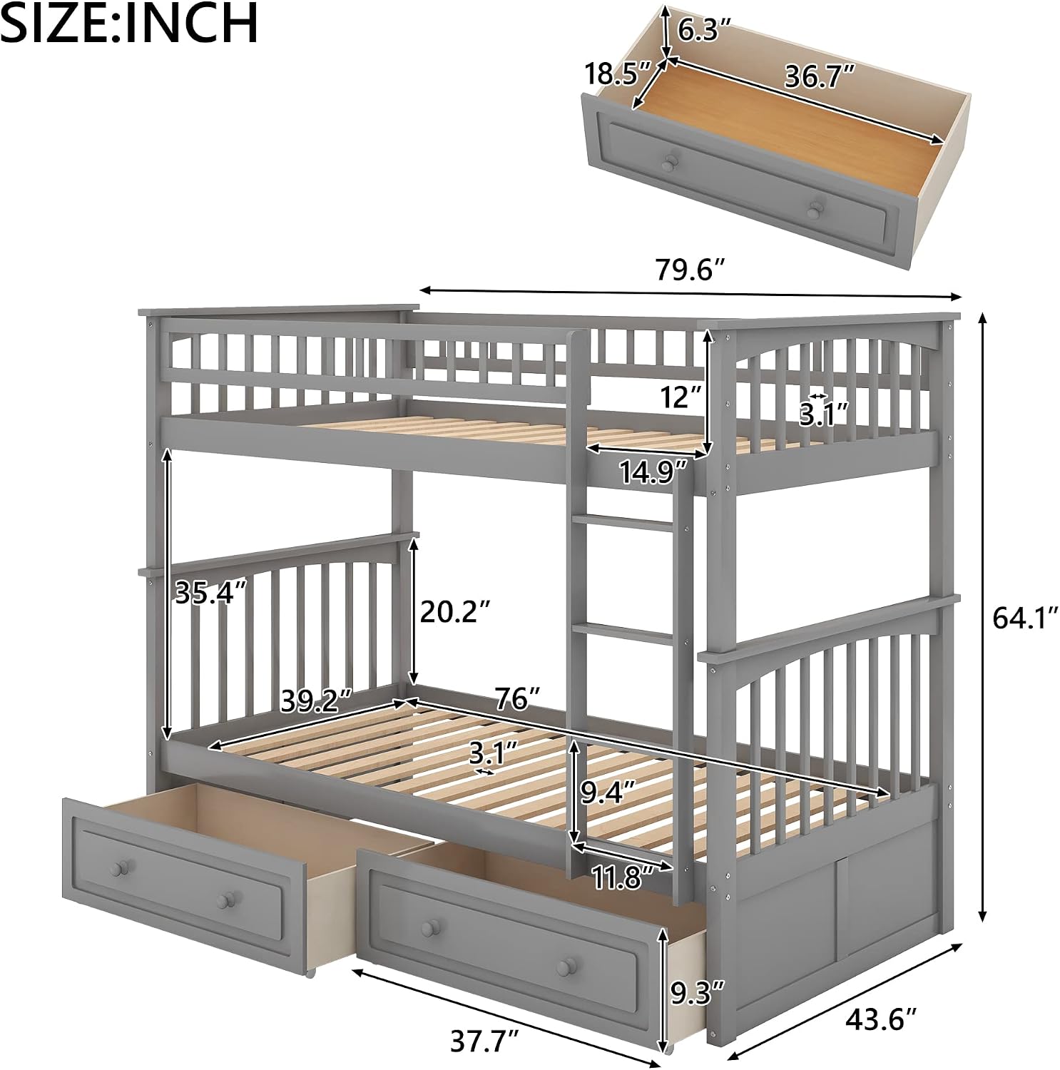 Twin Over Twin Wood Bunk Bed with Two Storage Drawers, Solid Wood Convertible Storage Bunk Bed Can Be Convertible to 2 Beds, Frame with Ladder, Safety Rail for Teens Adults (Gray)