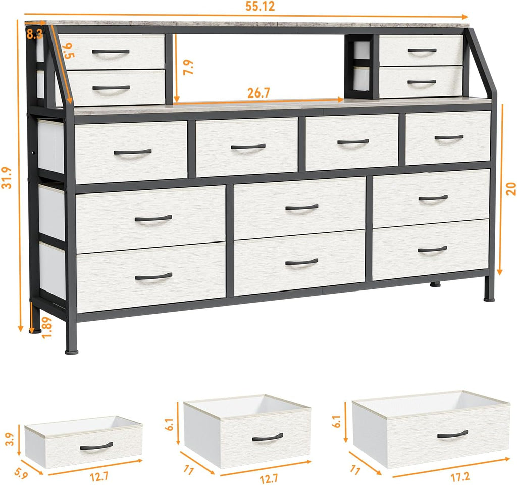 Dresser for Bedroom, 55' TV Stand with 14 Drawers, Long Dresser & Chests of Drawers with Shelves & Sturdy Metal Frame & Wood Top (Greige)