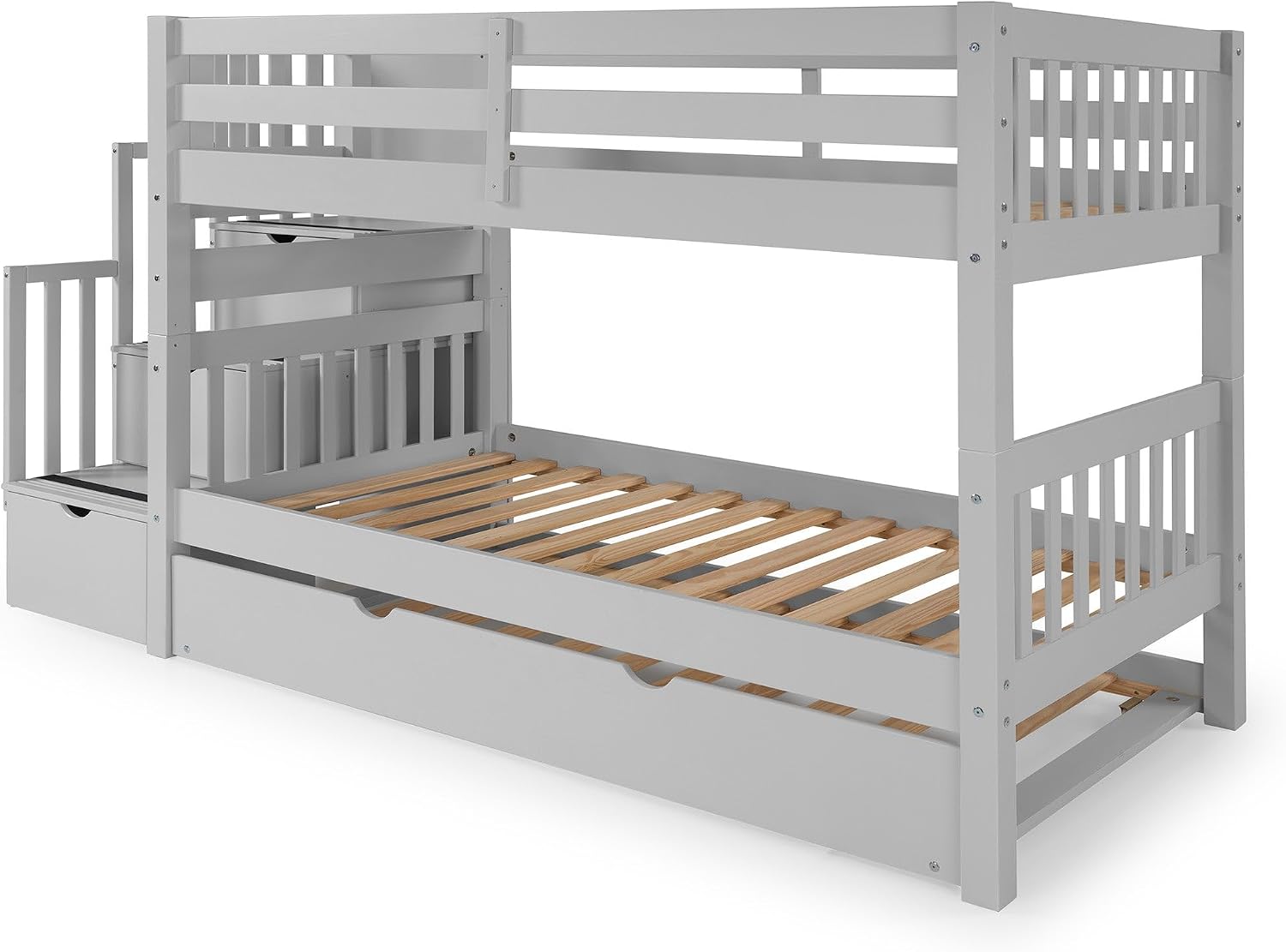 Bedz King Stairway Bunk Beds Twin Over Twin, 3 Step Drawers and a Twin Trundle, Gray