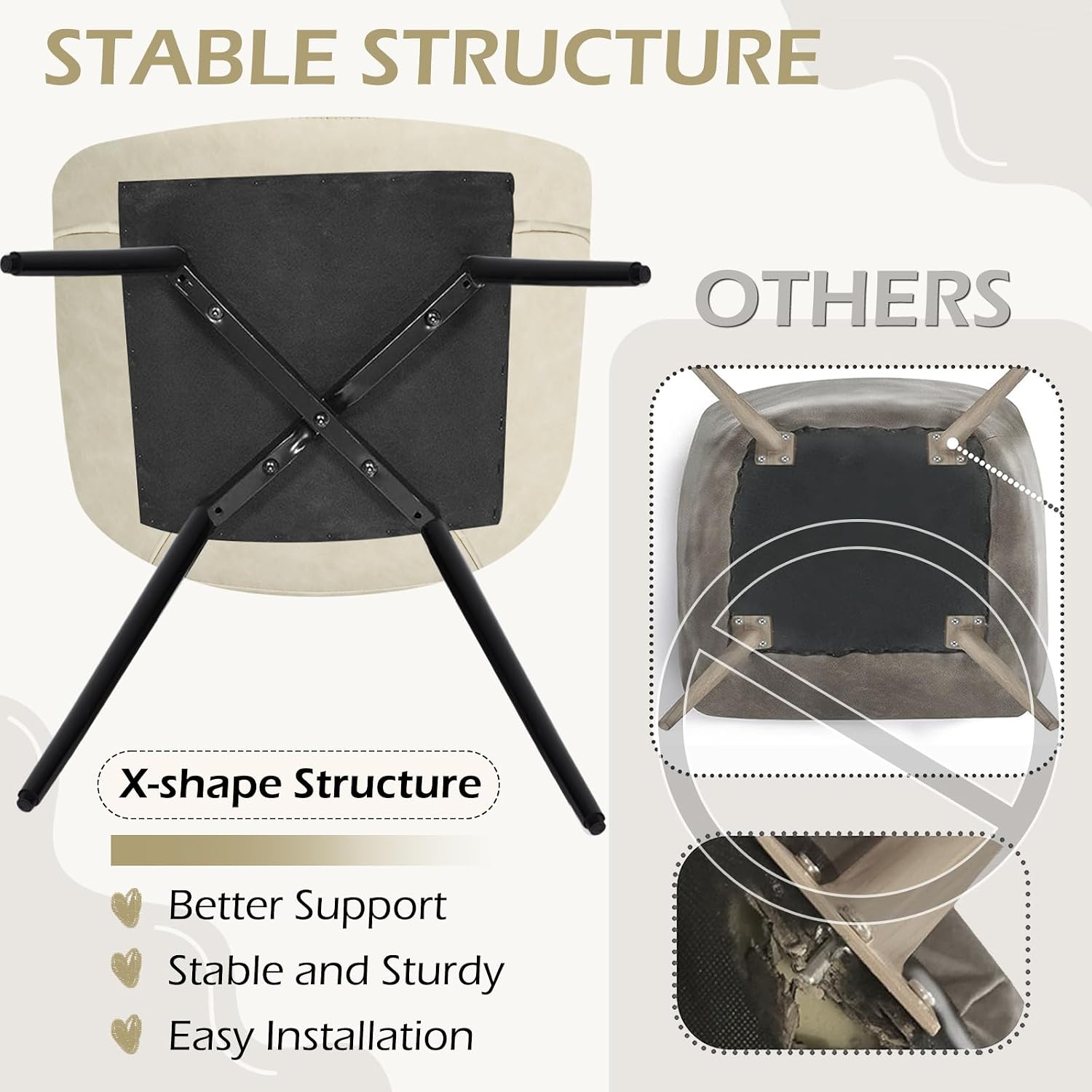 ECOTOUGE Dining Chairs Set of 4, Comfy Faux Leather Kitchen Chairs with Metal Legs, Mid Century Modern Chair for Bedroom, Living Room, Beige