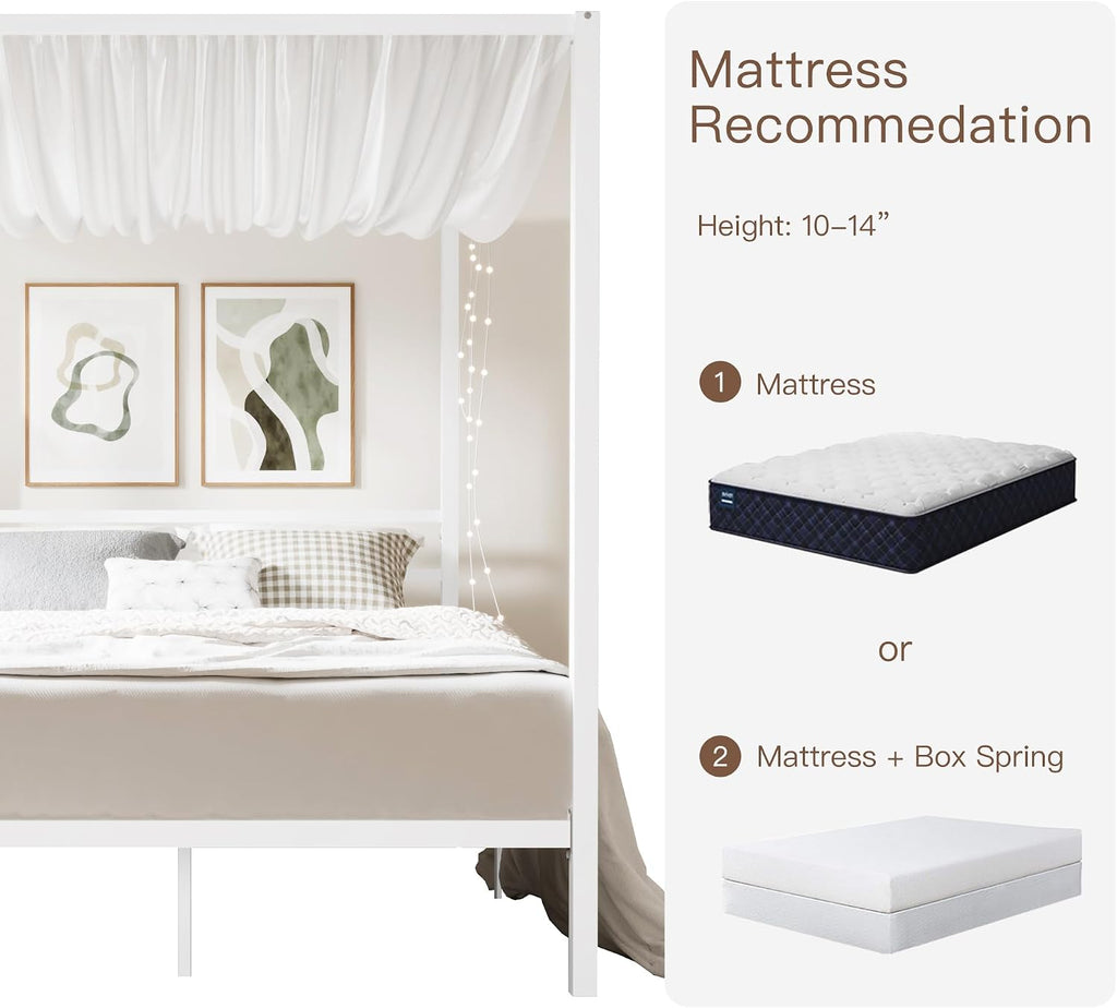 ikalido Full Size Metal Canopy Bed Frame, Modern Four-Poster Platform Bed Frame, Mattress Foundation with Metal Slats Support/Under-Bed Storage Space/No Box Spring Needed/White