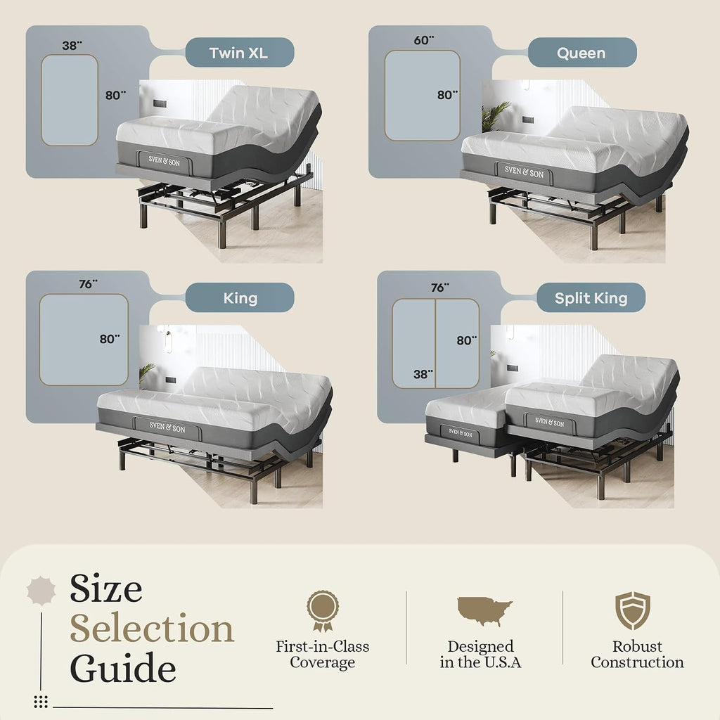 Sven & Son Harmony Adjustable Bed Base, Head and Foot Lift, Massage, Under-Bed Lights, USB, Gel Memory, Zero Gravity Smart Frame - Twin XL + 12 inch Memory Foam Matt (Medium)